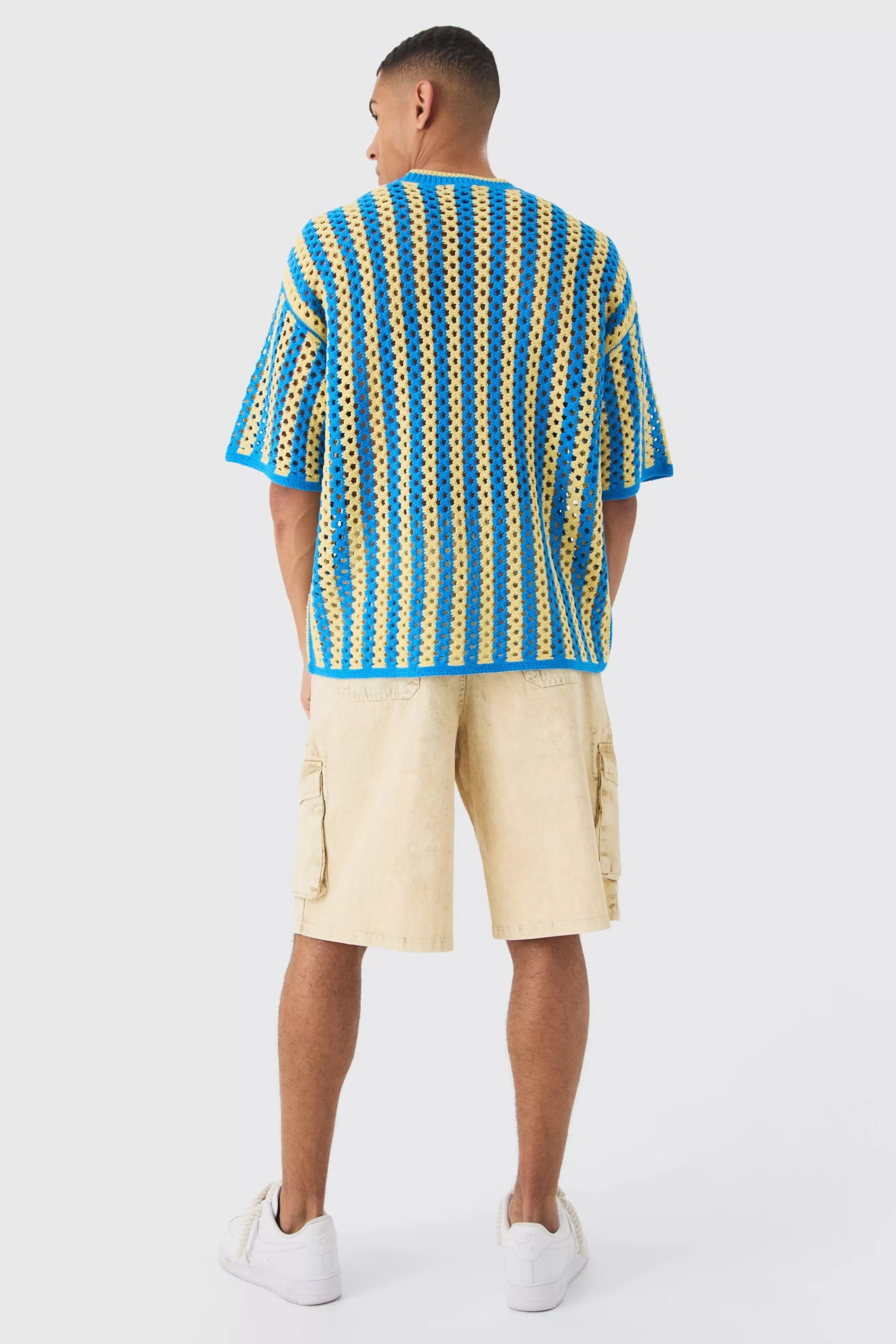 boohooMAN Oversized Boxy Open Stitch Stripe Knit T-shirt | UK cobalt Sale