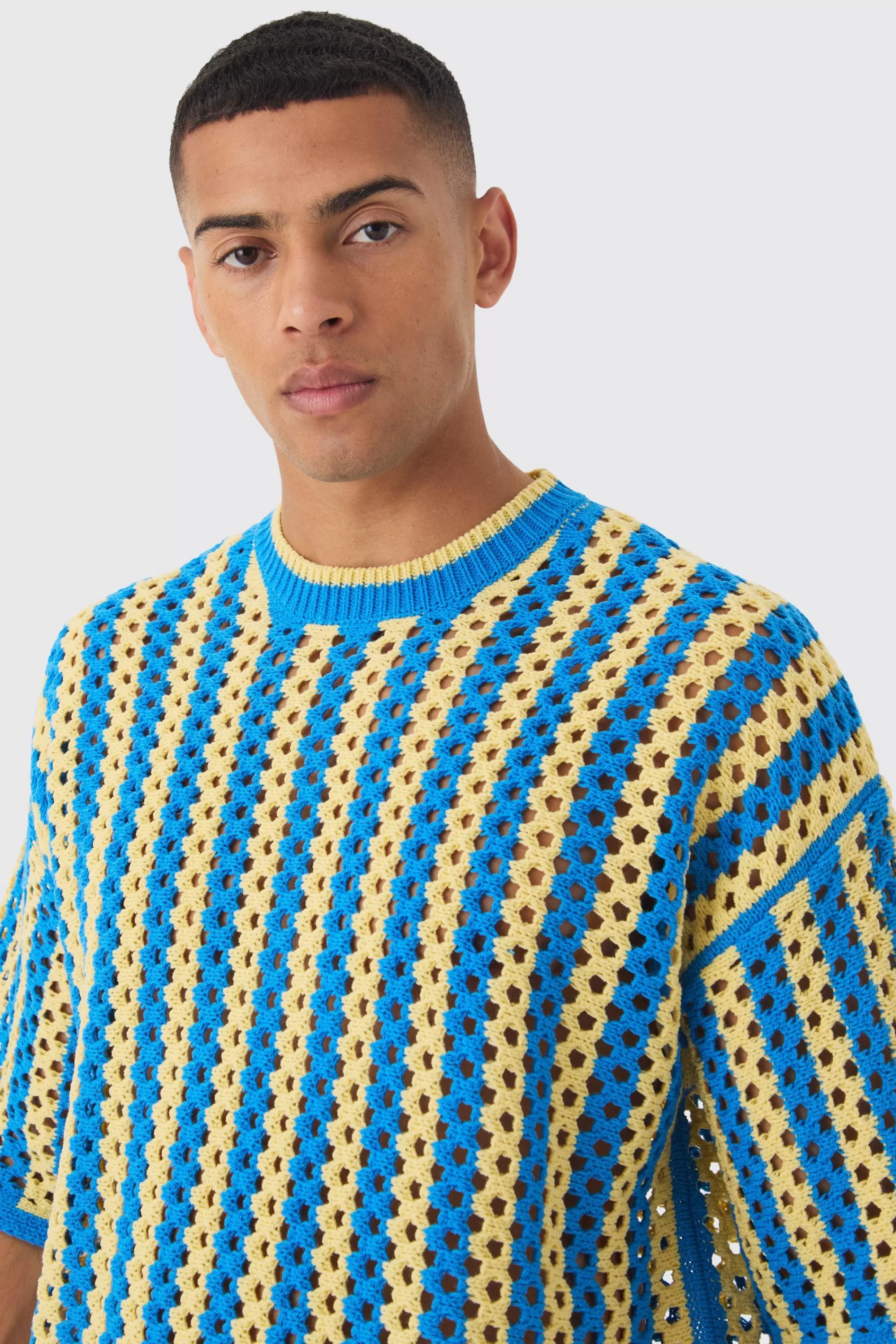boohooMAN Oversized Boxy Open Stitch Stripe Knit T-shirt | UK cobalt Sale