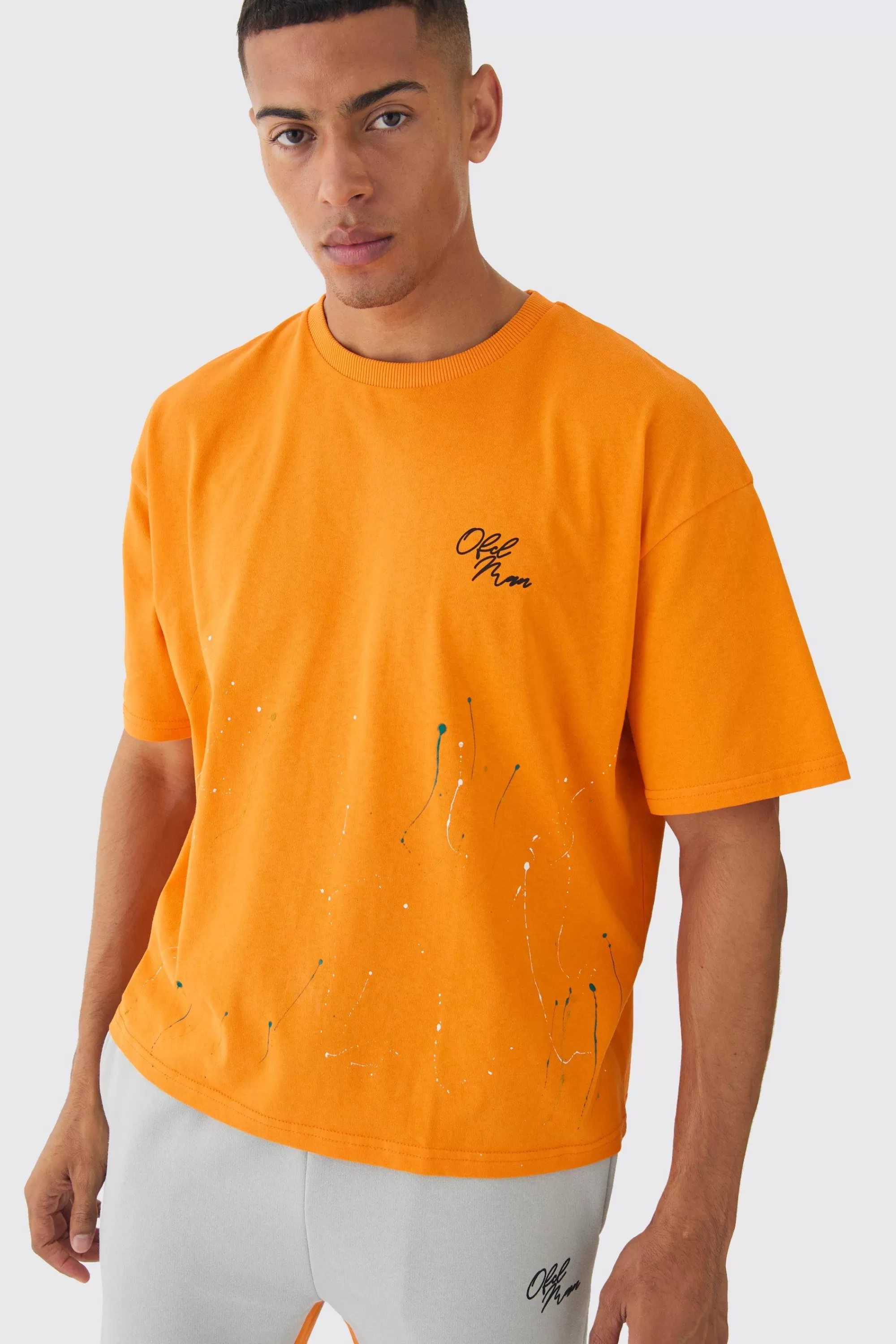 boohooMAN Oversized Boxy Paint Splatter T-shirt | UK orange Cheap