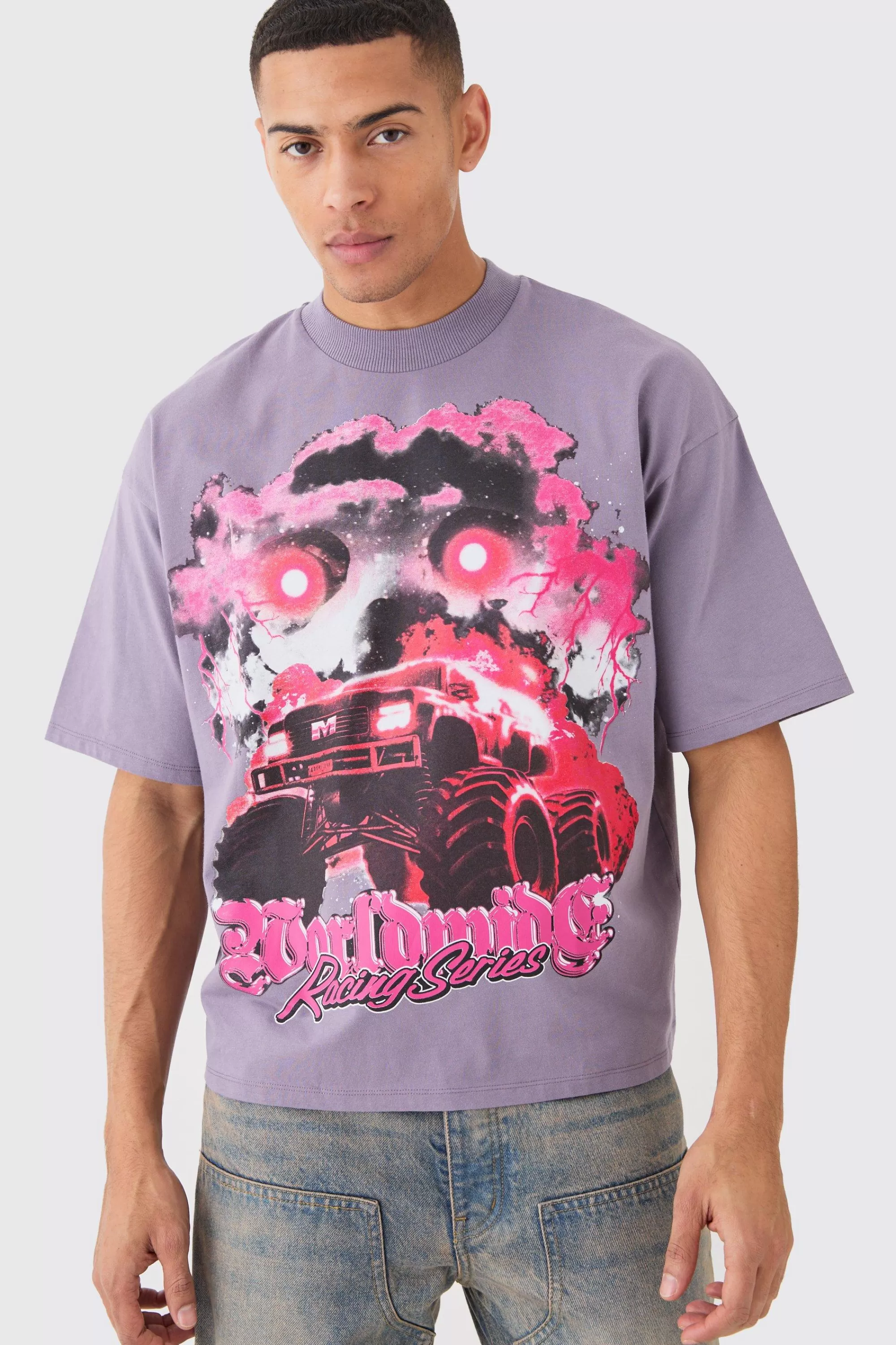 boohooMAN Oversized Boxy Truck Graphic Heavyweight T-shirt | UK purple Online