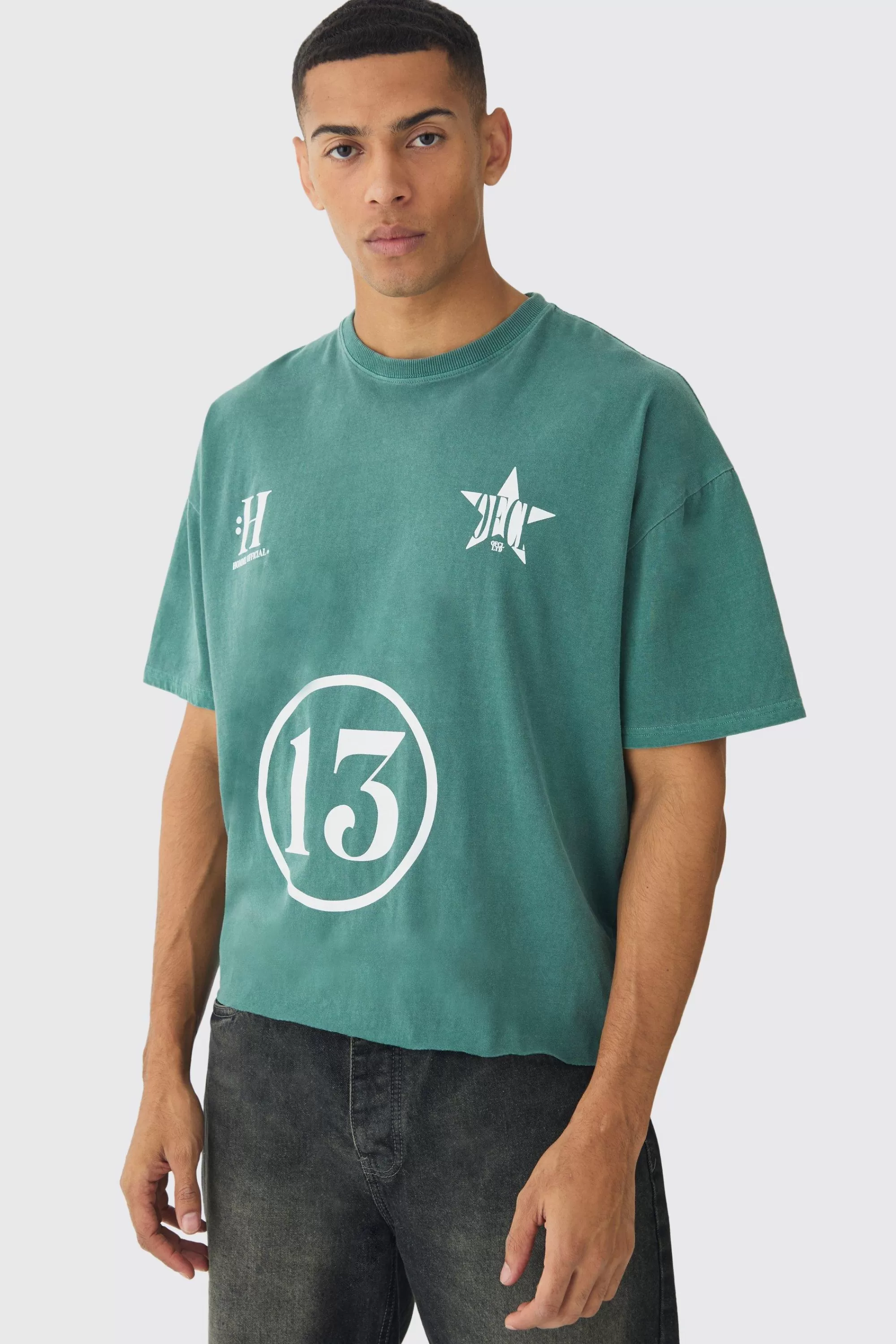 boohooMAN Oversized Boxy Washed 13 Print T-Shirt | UK forest Flash Sale