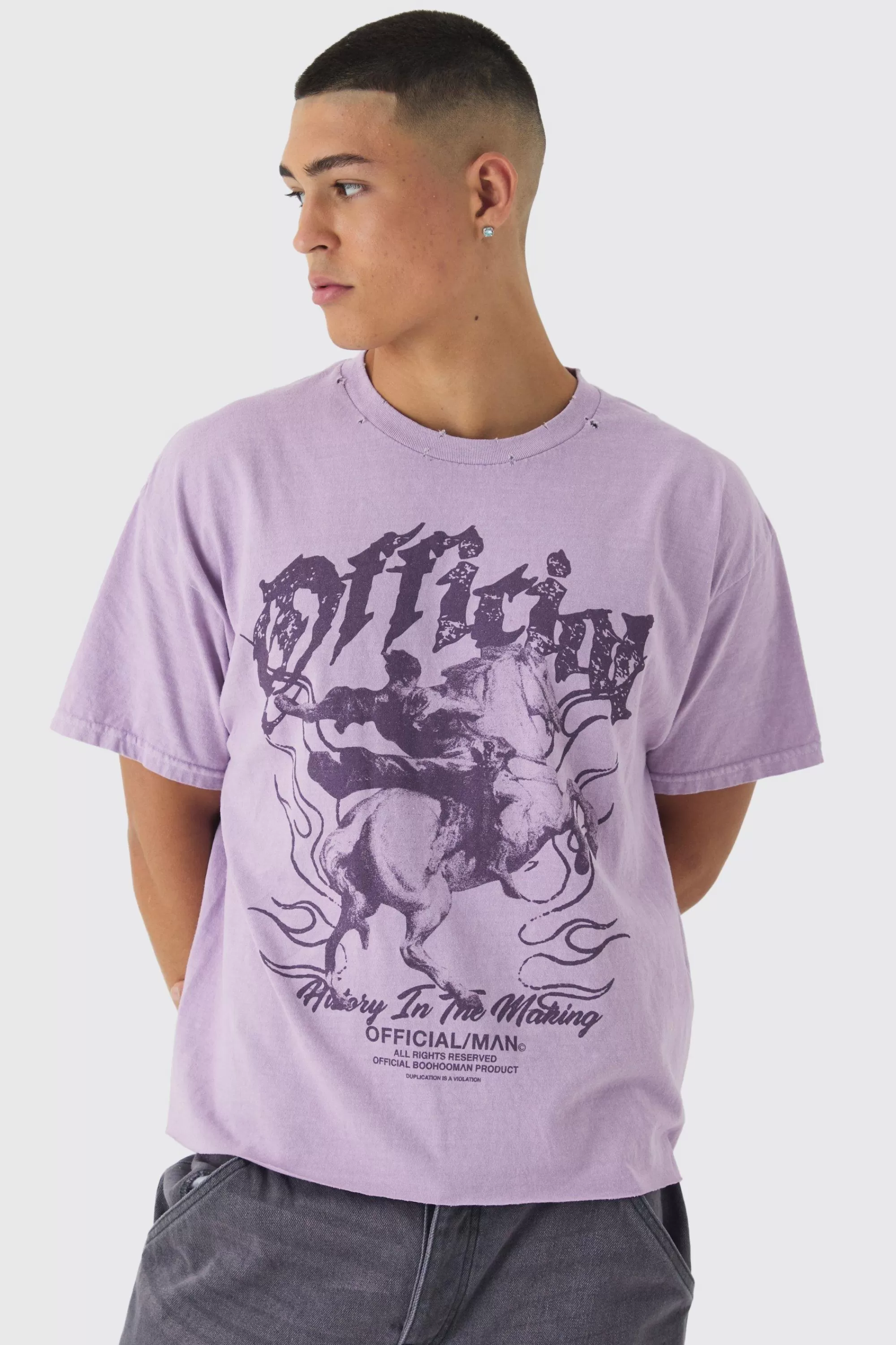 boohooMAN Oversized Boxy Washed Distressed Printed T-Shirt | UK mauve Shop