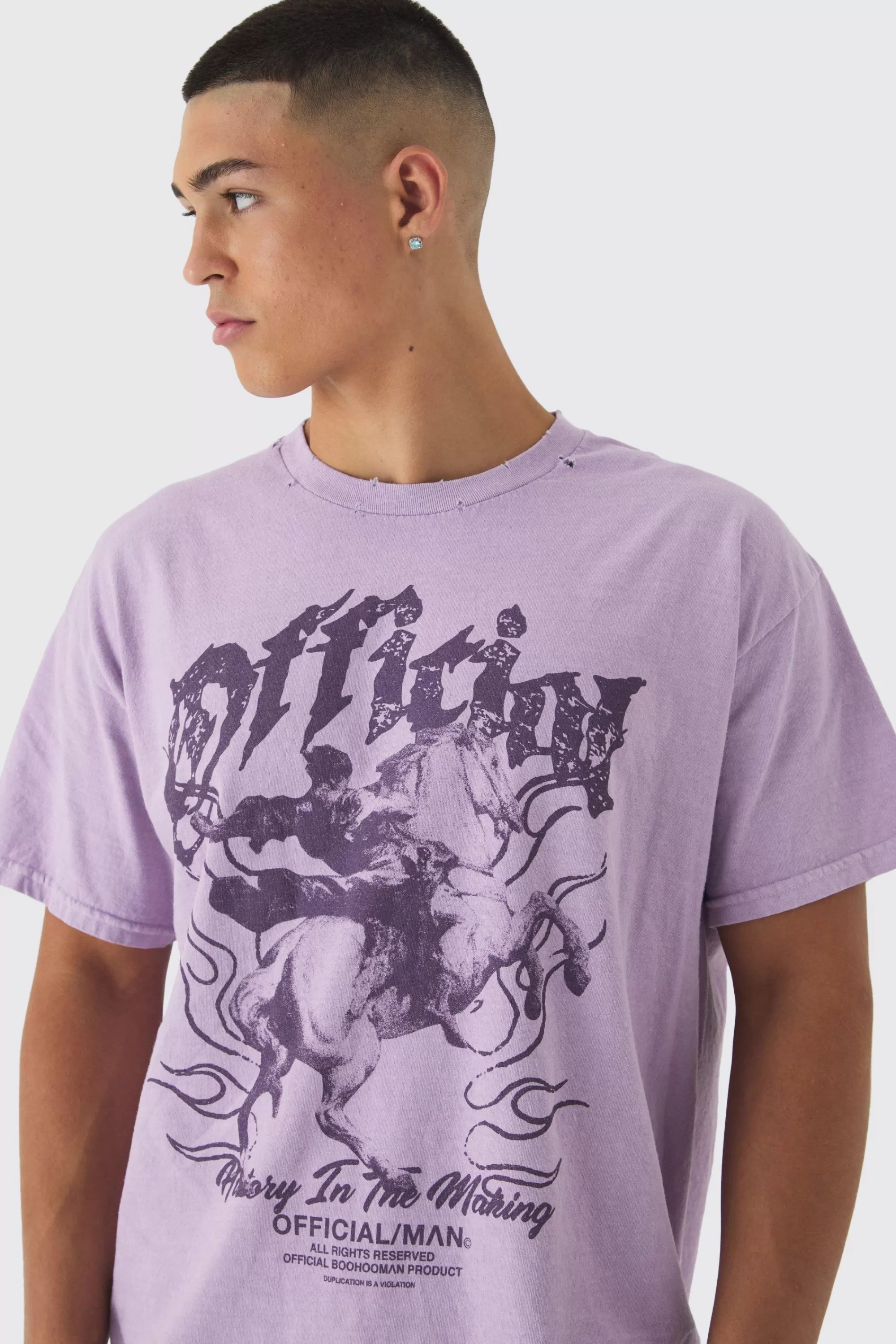 boohooMAN Oversized Boxy Washed Distressed Printed T-Shirt | UK mauve Shop