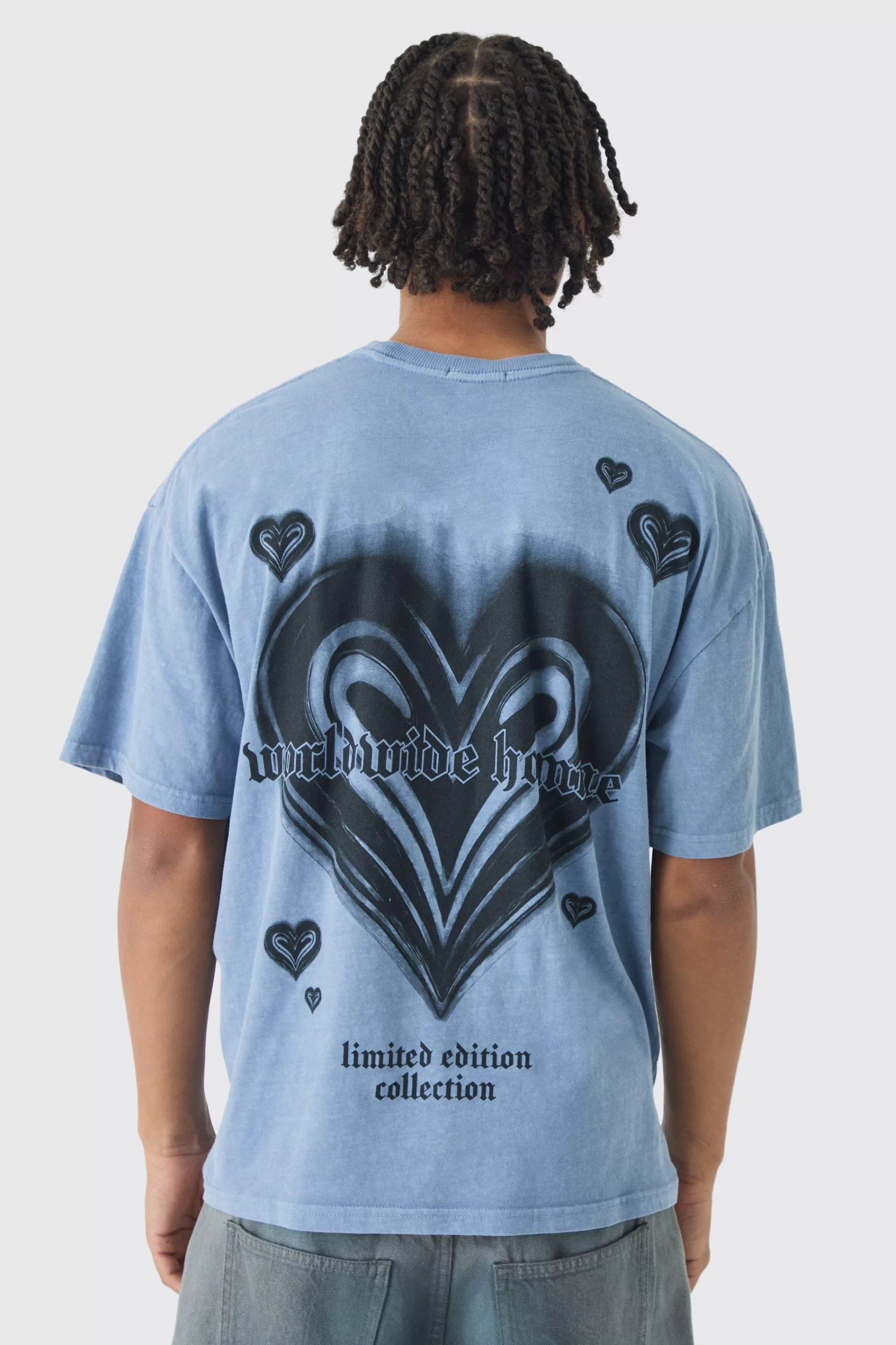 boohooMAN Oversized Boxy Washed Heart Print T-Shirt | UK slate blue Shop