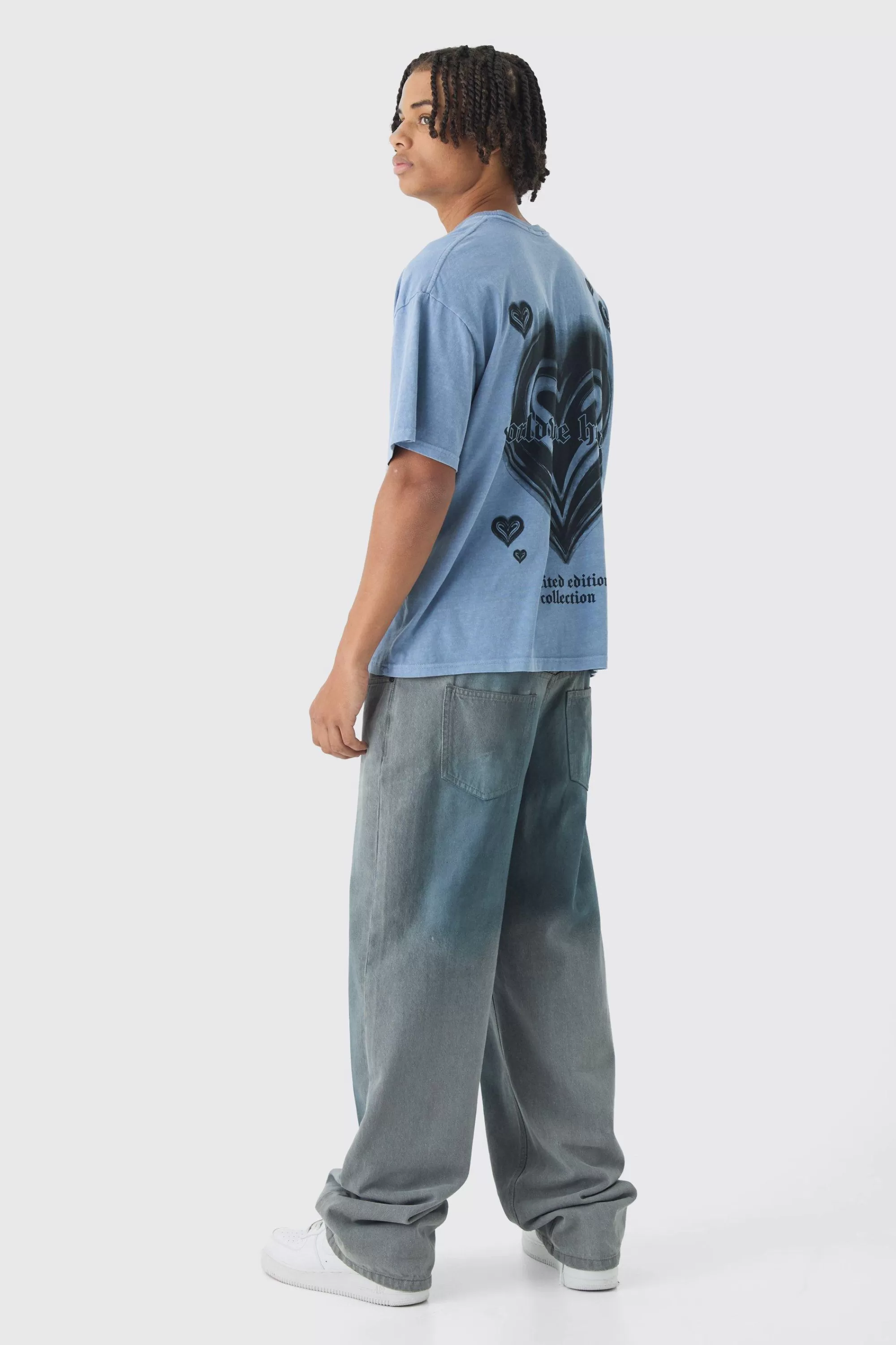 boohooMAN Oversized Boxy Washed Heart Print T-Shirt | UK slate blue Shop