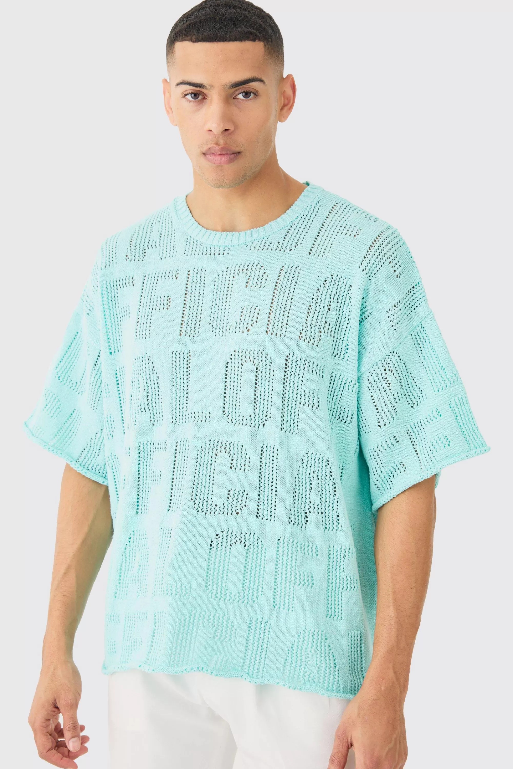 boohooMAN Oversized Branded Open Stitch T-shirt In | UK light blue New