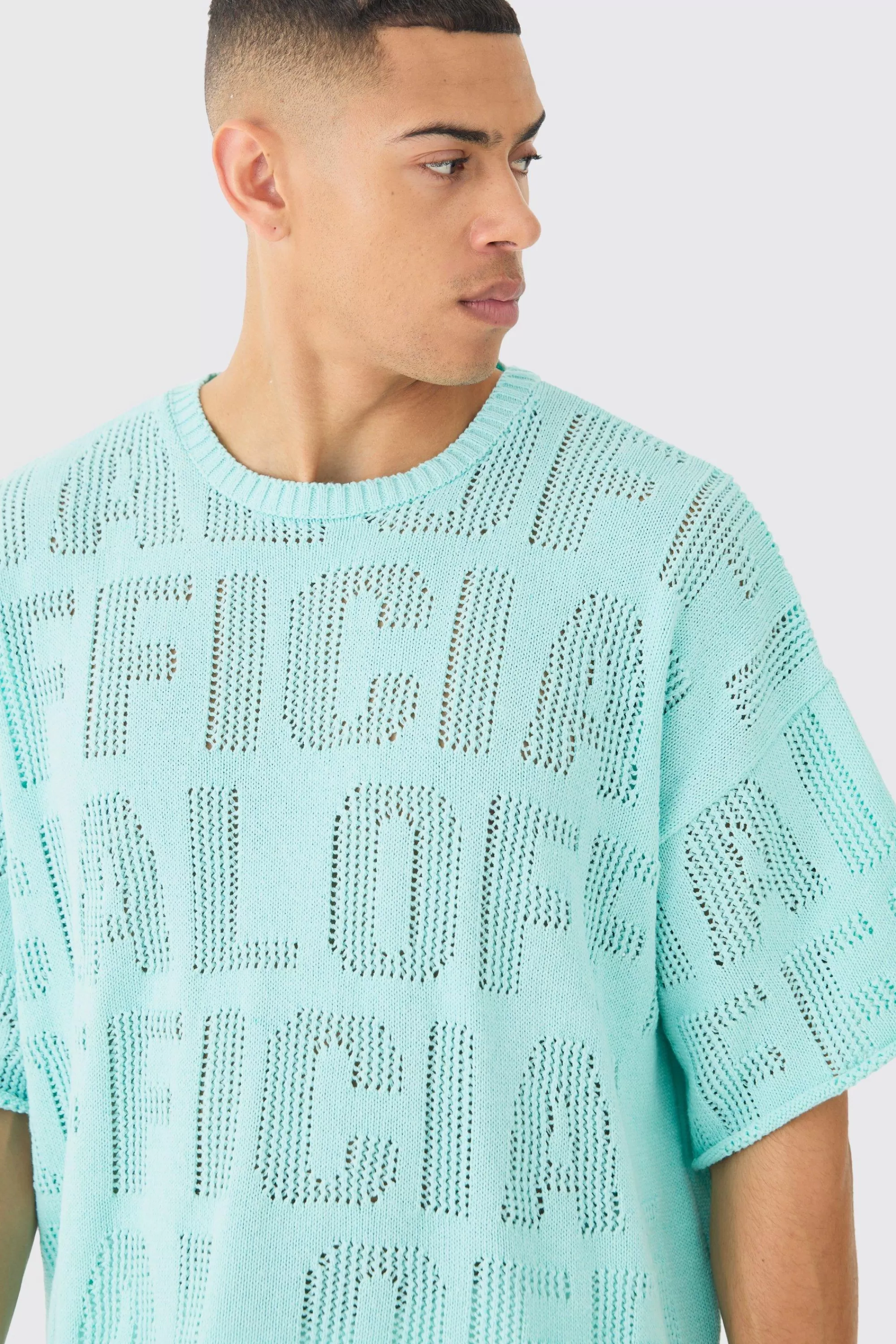 boohooMAN Oversized Branded Open Stitch T-shirt In | UK light blue New