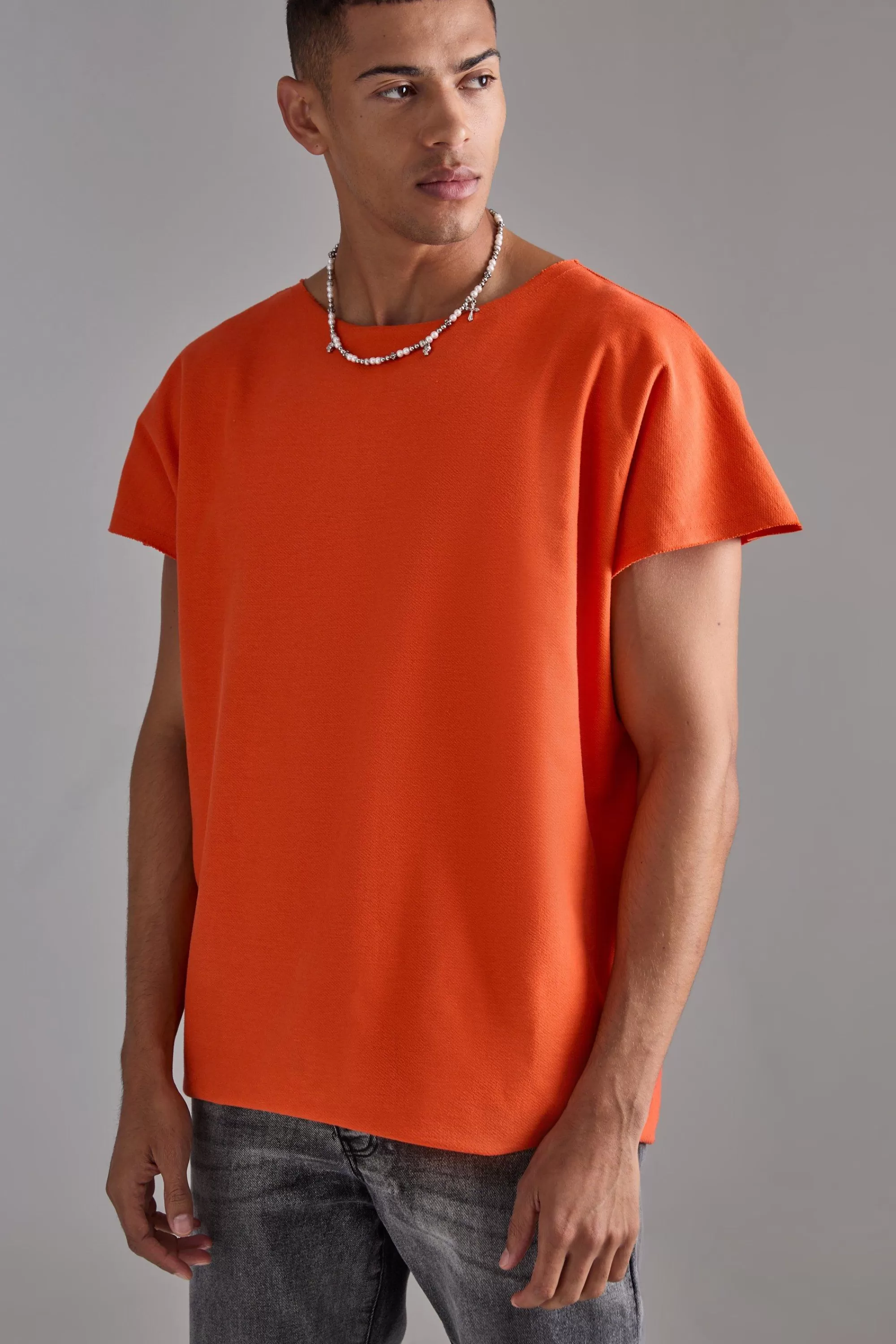 boohooMAN Oversized Cap Sleeve Slash Neck Loopback T-shirt | UK orange Discount