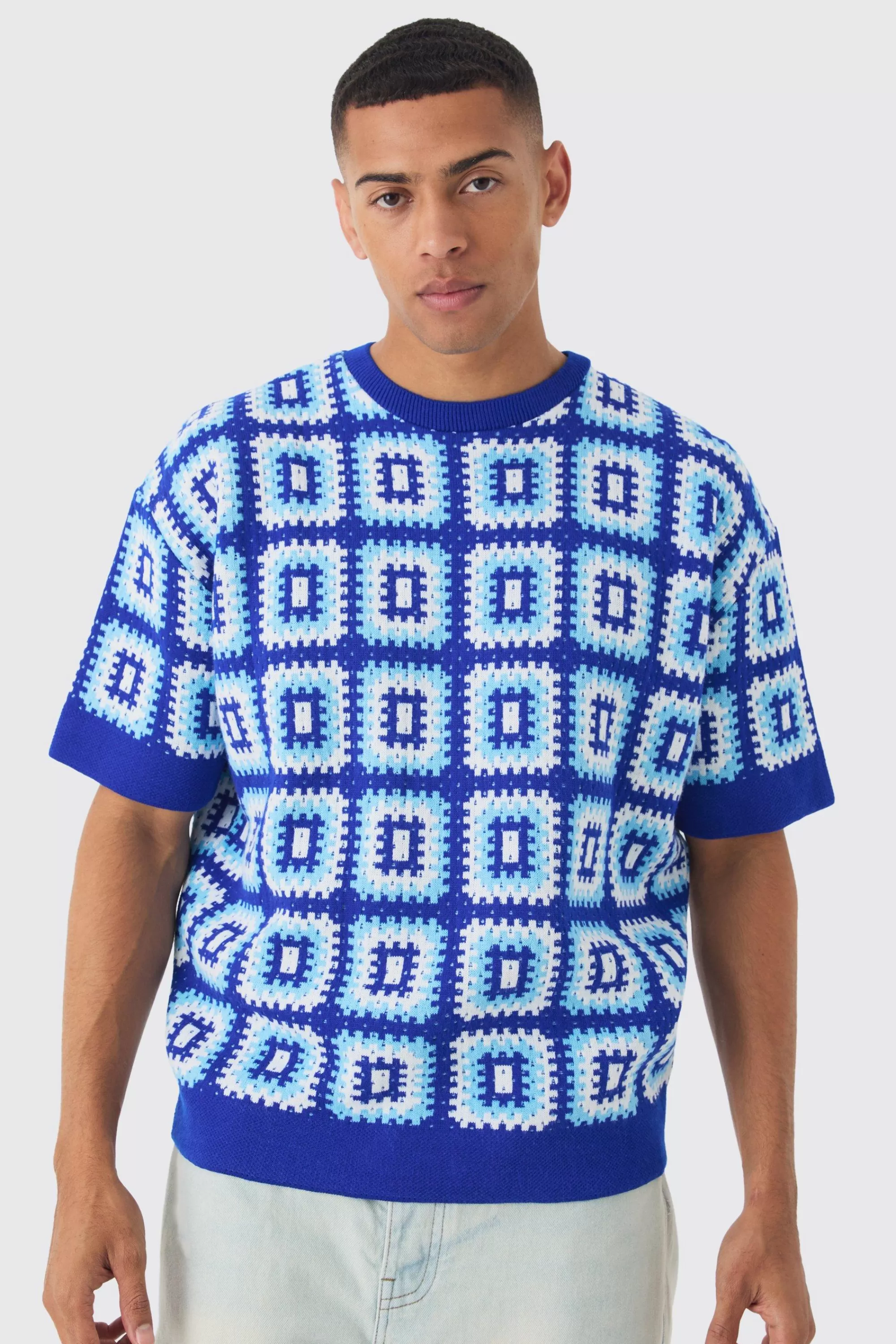 boohooMAN Oversized Crochet Knit T-shirt | UK cobalt Cheap