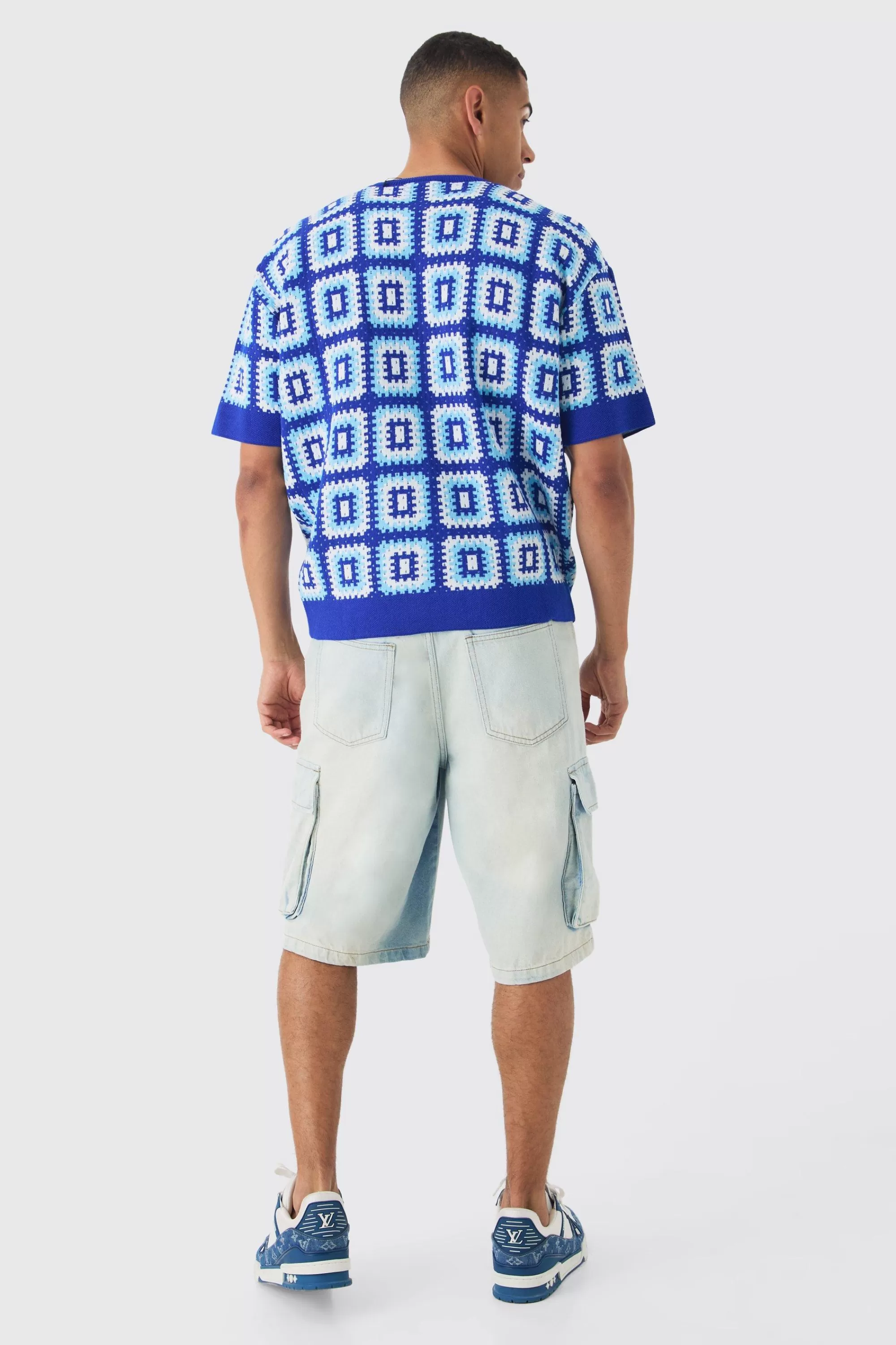 boohooMAN Oversized Crochet Knit T-shirt | UK cobalt Cheap