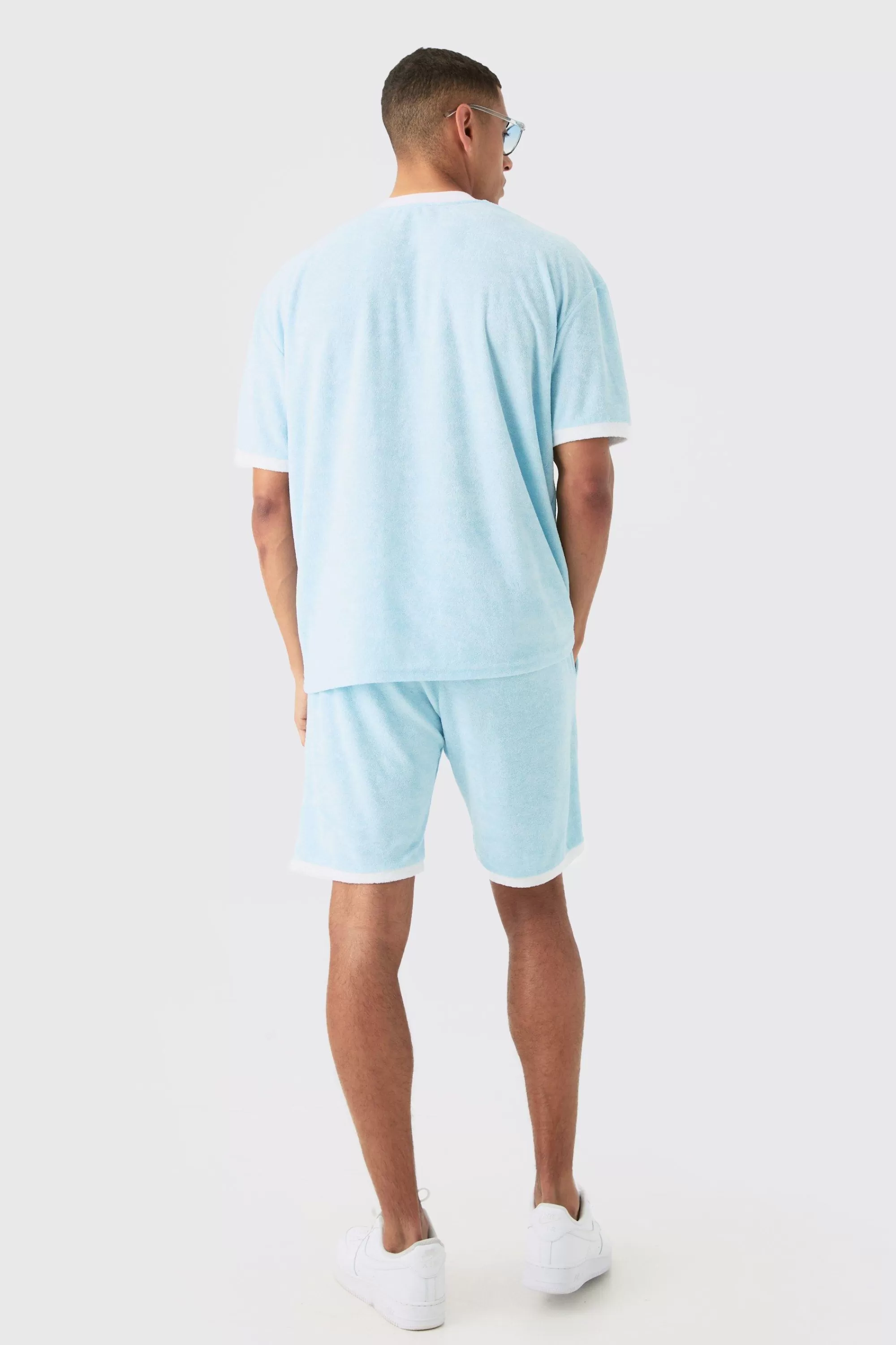 boohooMAN Oversized Extended Neck Contrast Towelling T-shirt | UK light blue Hot