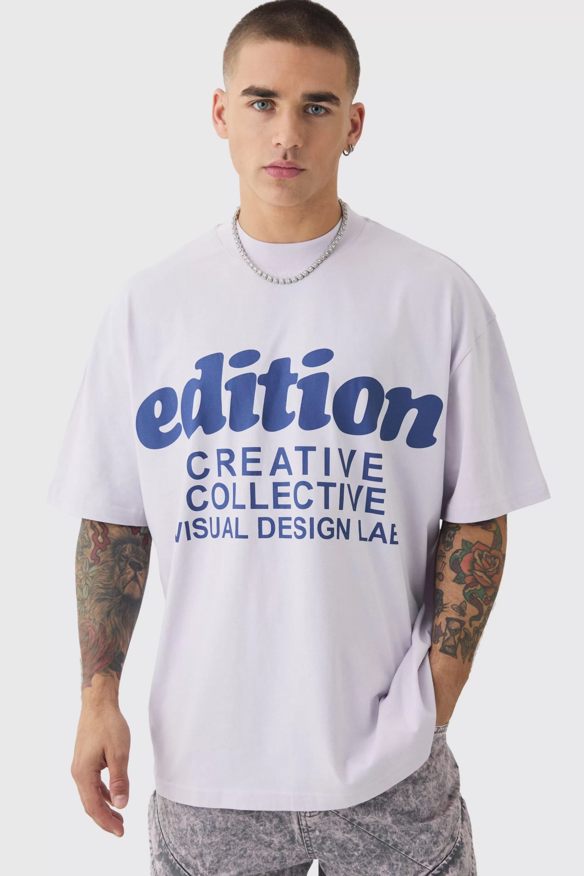 boohooMAN Oversized Extended Neck Edition Graphic T-shirt | UK lilac Flash Sale