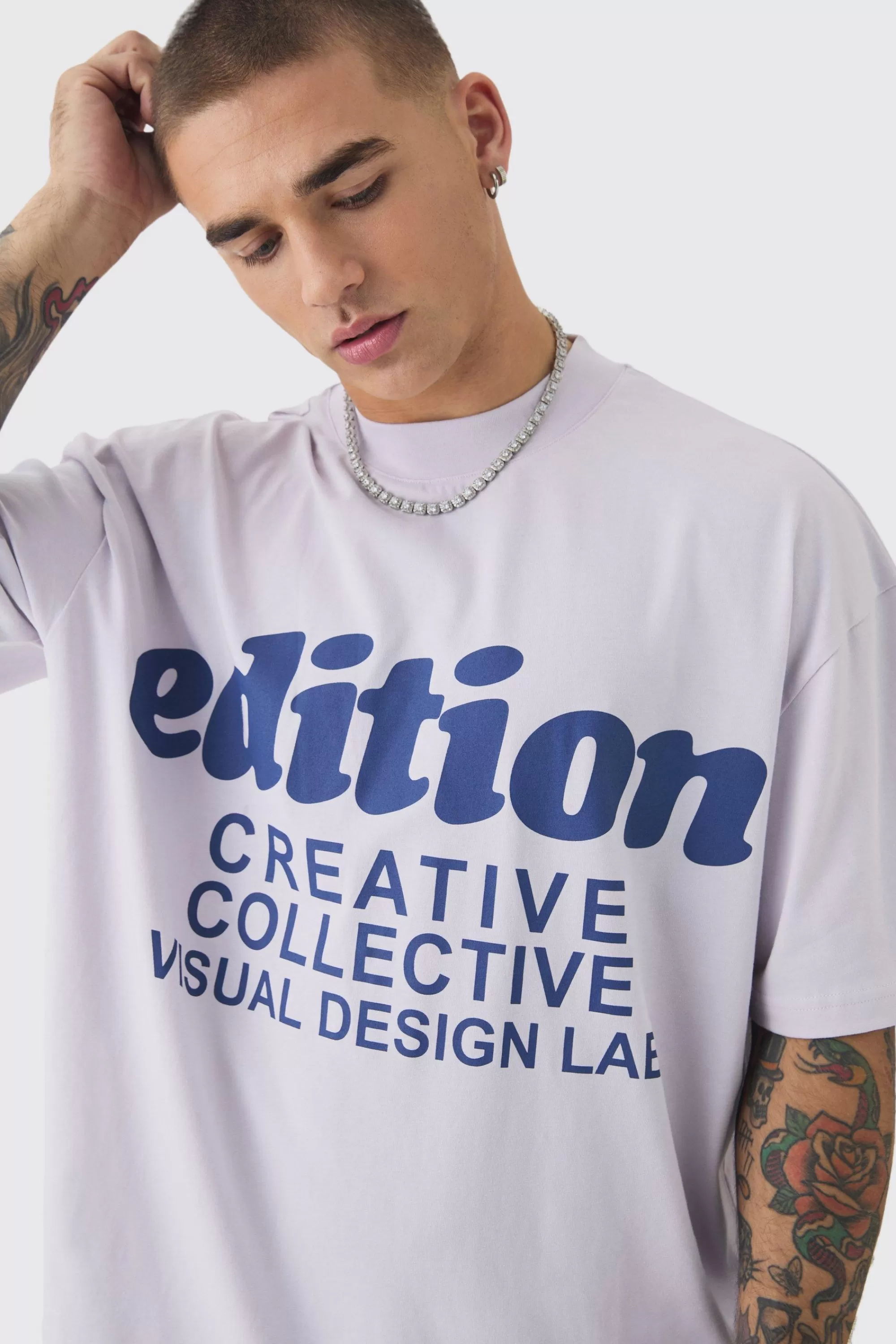 boohooMAN Oversized Extended Neck Edition Graphic T-shirt | UK lilac Flash Sale