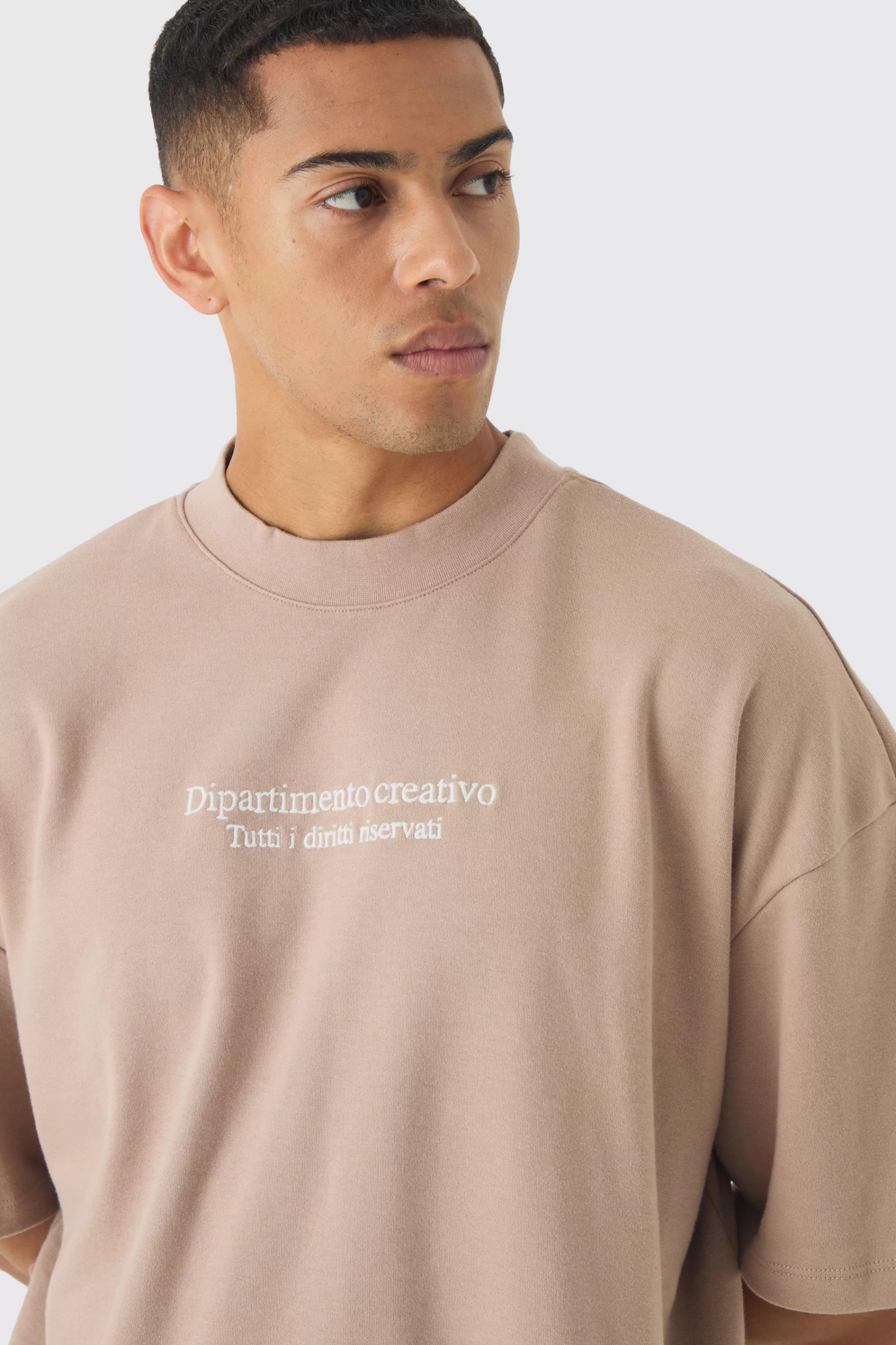 boohooMAN Oversized Extended Neck Embroidered Heavy Interlock T-shirt | UK mocha Flash Sale