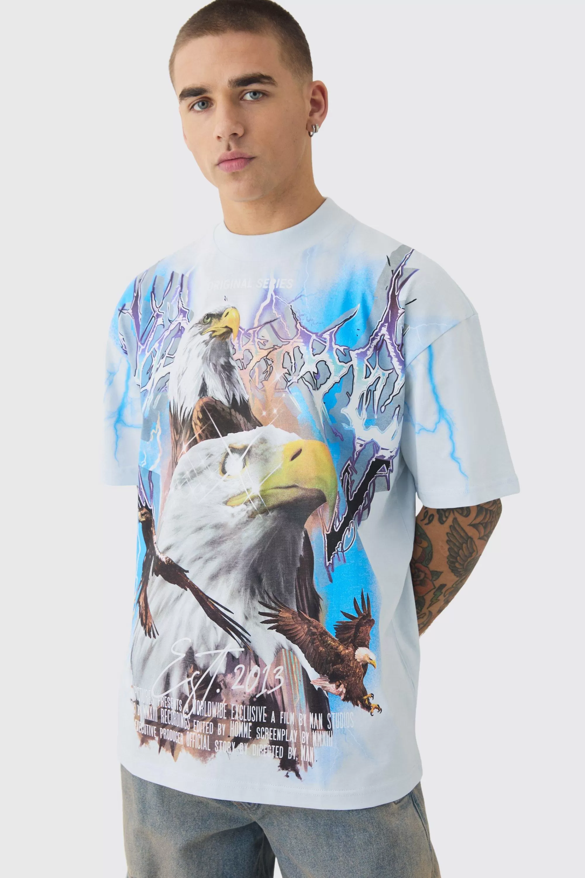 boohooMAN Oversized Extended Neck Extreme Lightning T-shirt | UK light blue Best