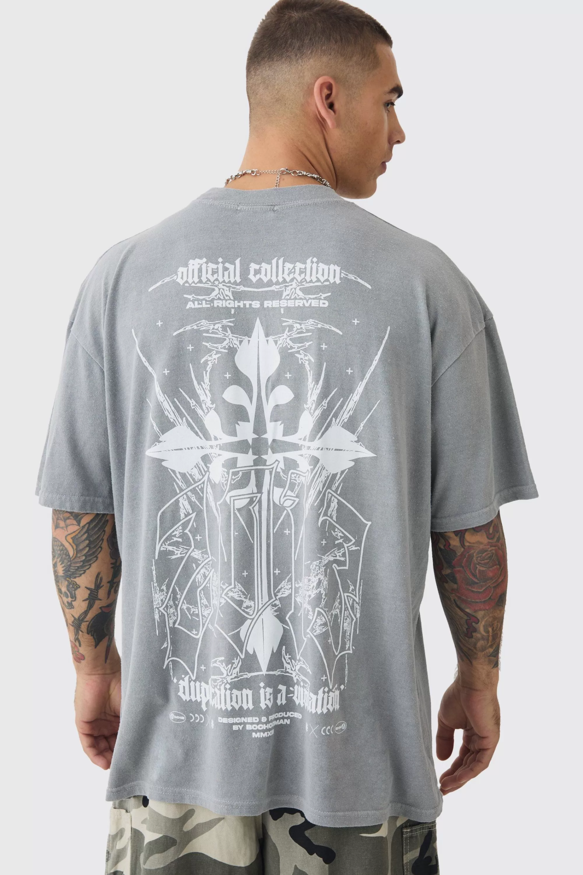 boohooMAN Oversized Extended Neck Gothic Cross T-shirt | UK grey Flash Sale