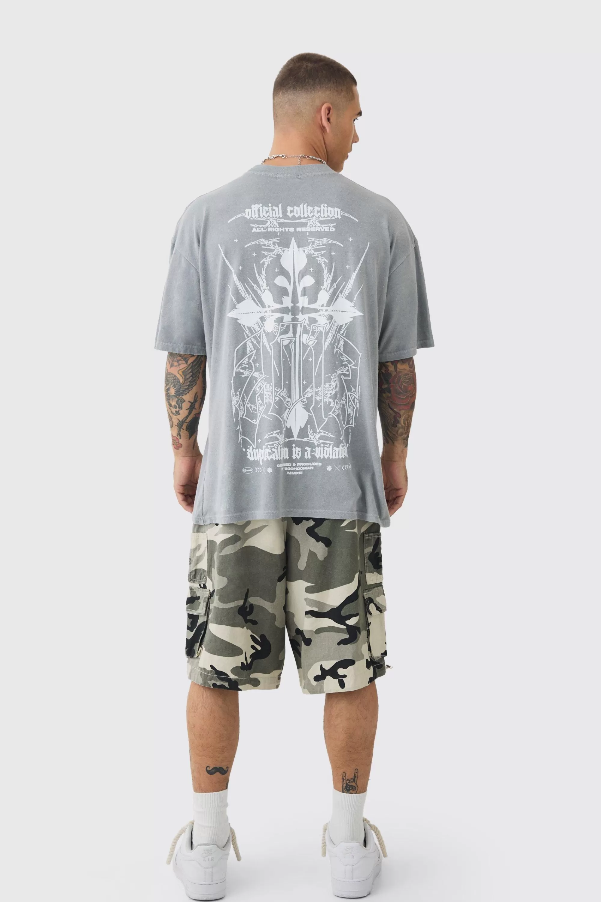 boohooMAN Oversized Extended Neck Gothic Cross T-shirt | UK grey Flash Sale