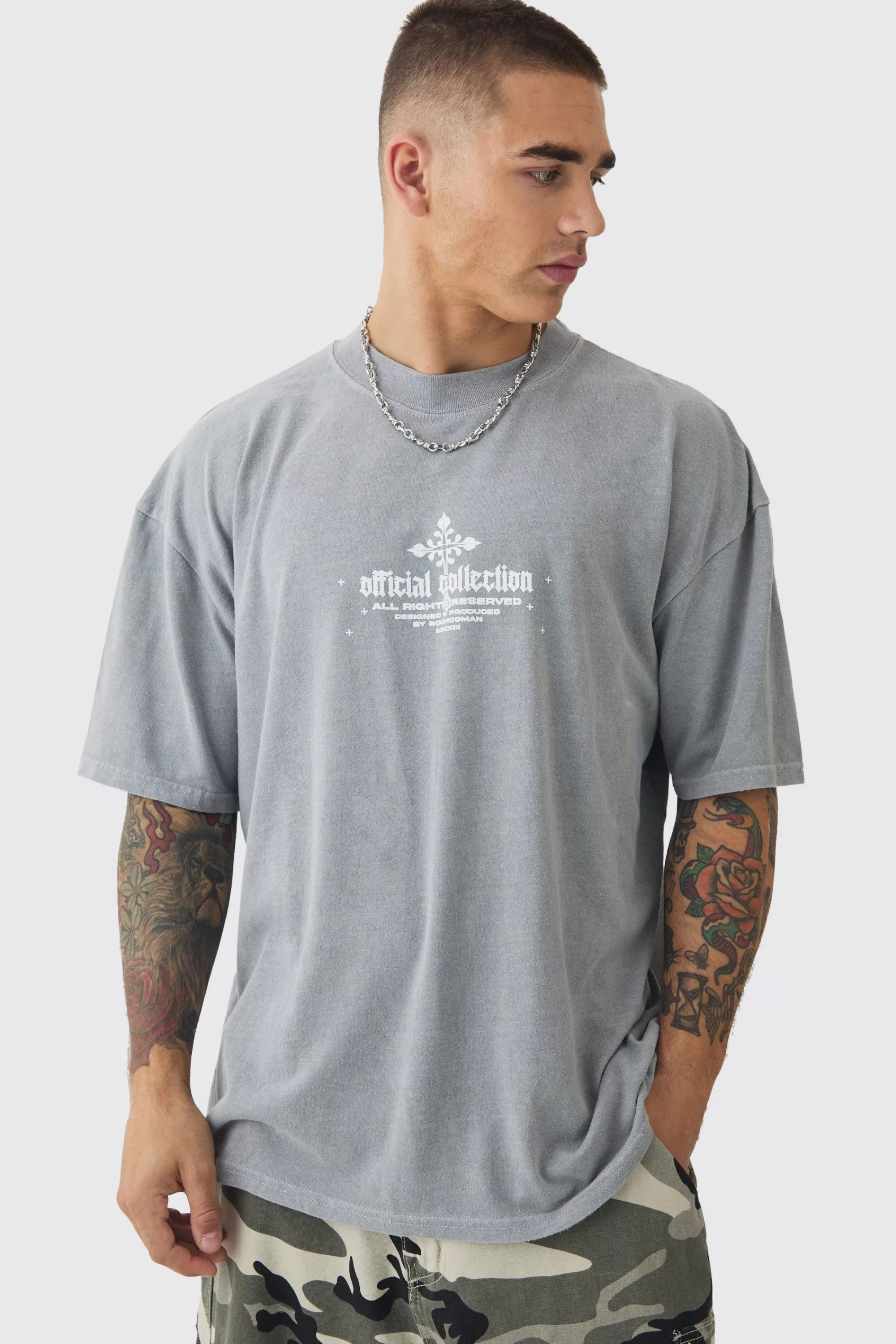 boohooMAN Oversized Extended Neck Gothic Cross T-shirt | UK grey Flash Sale