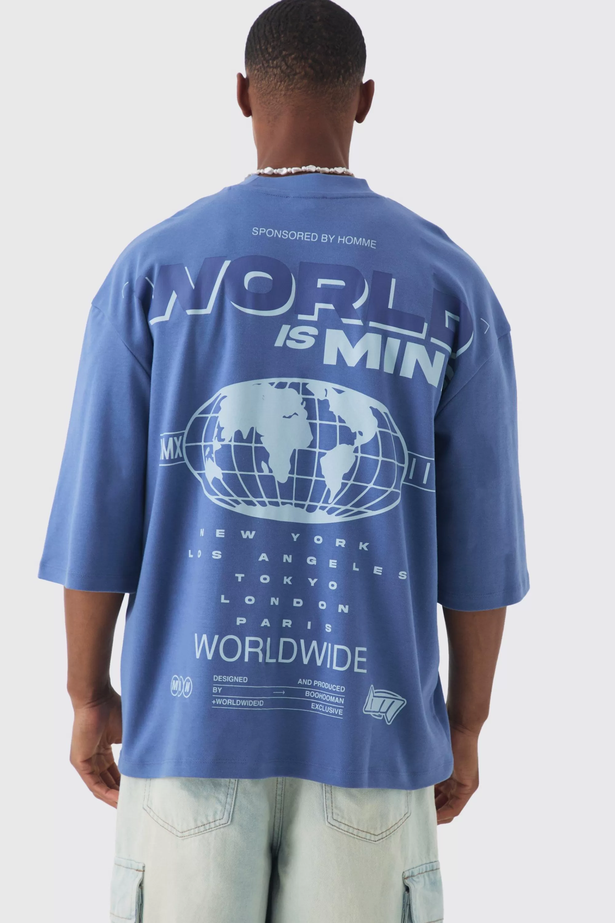 boohooMAN Oversized Extended Neck Heavy Interlock World Back Print T-shirt | UK dark blue Hot