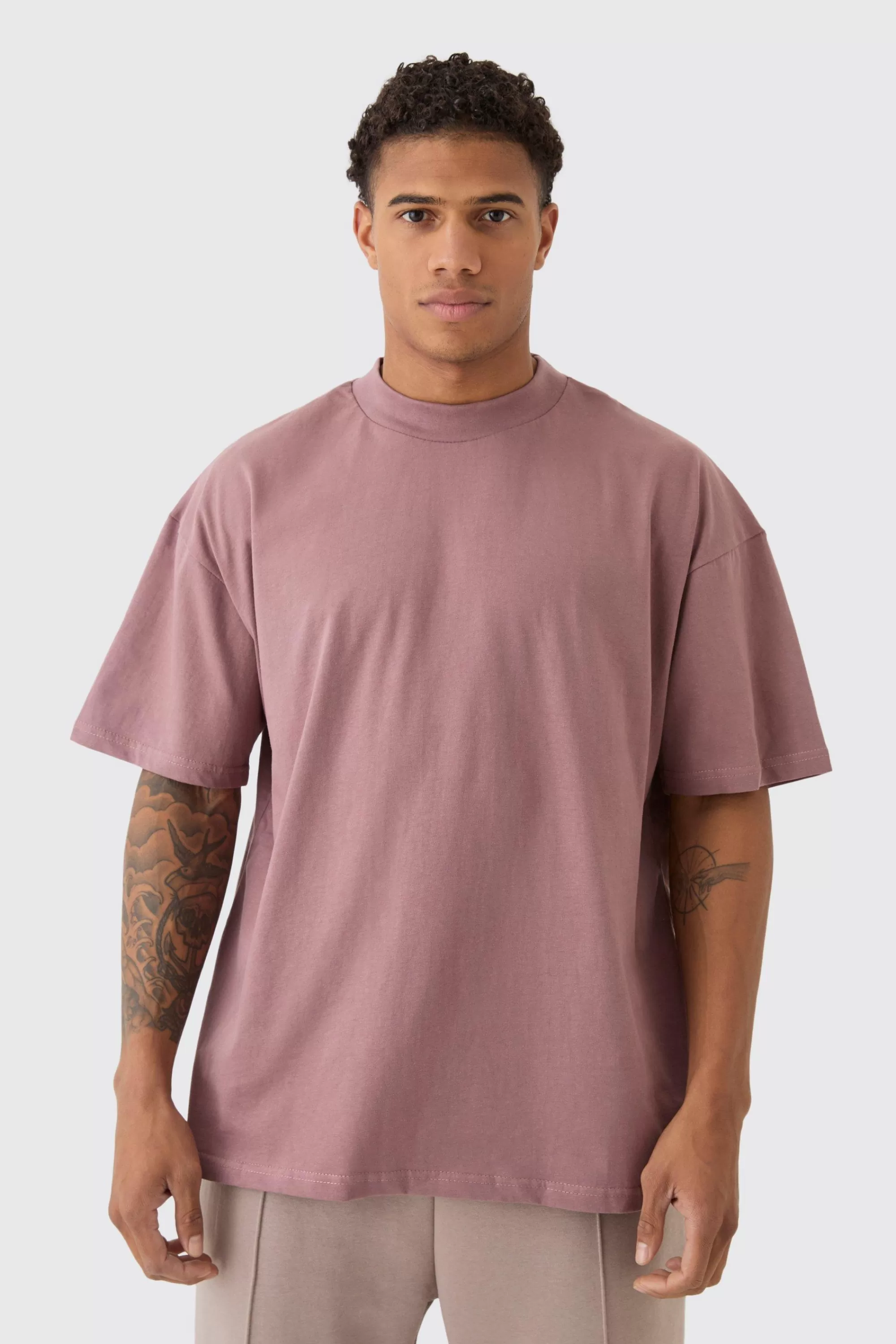 boohooMAN Oversized Extended Neck Heavy T-shirt | UK mauve Online