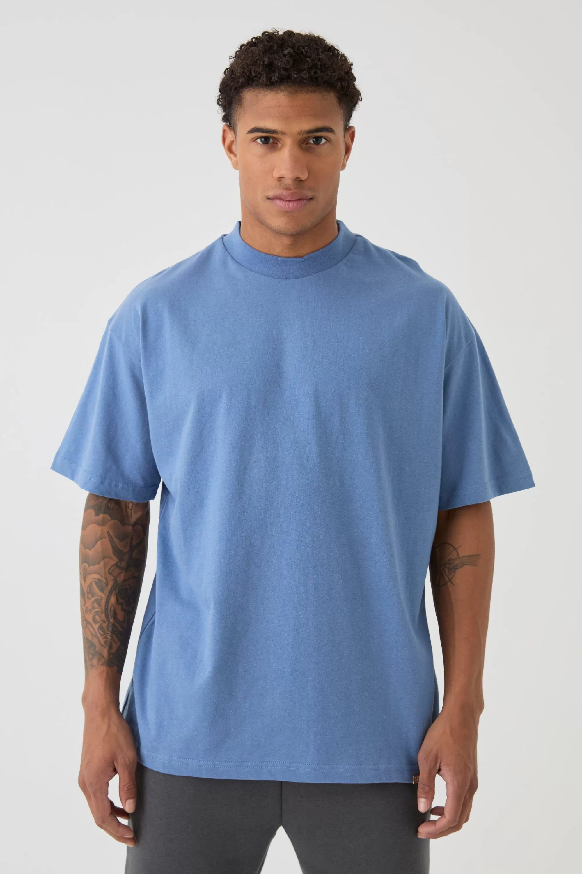 boohooMAN Oversized Extended Neck Heavy T-shirt | UK dusty blue Cheap