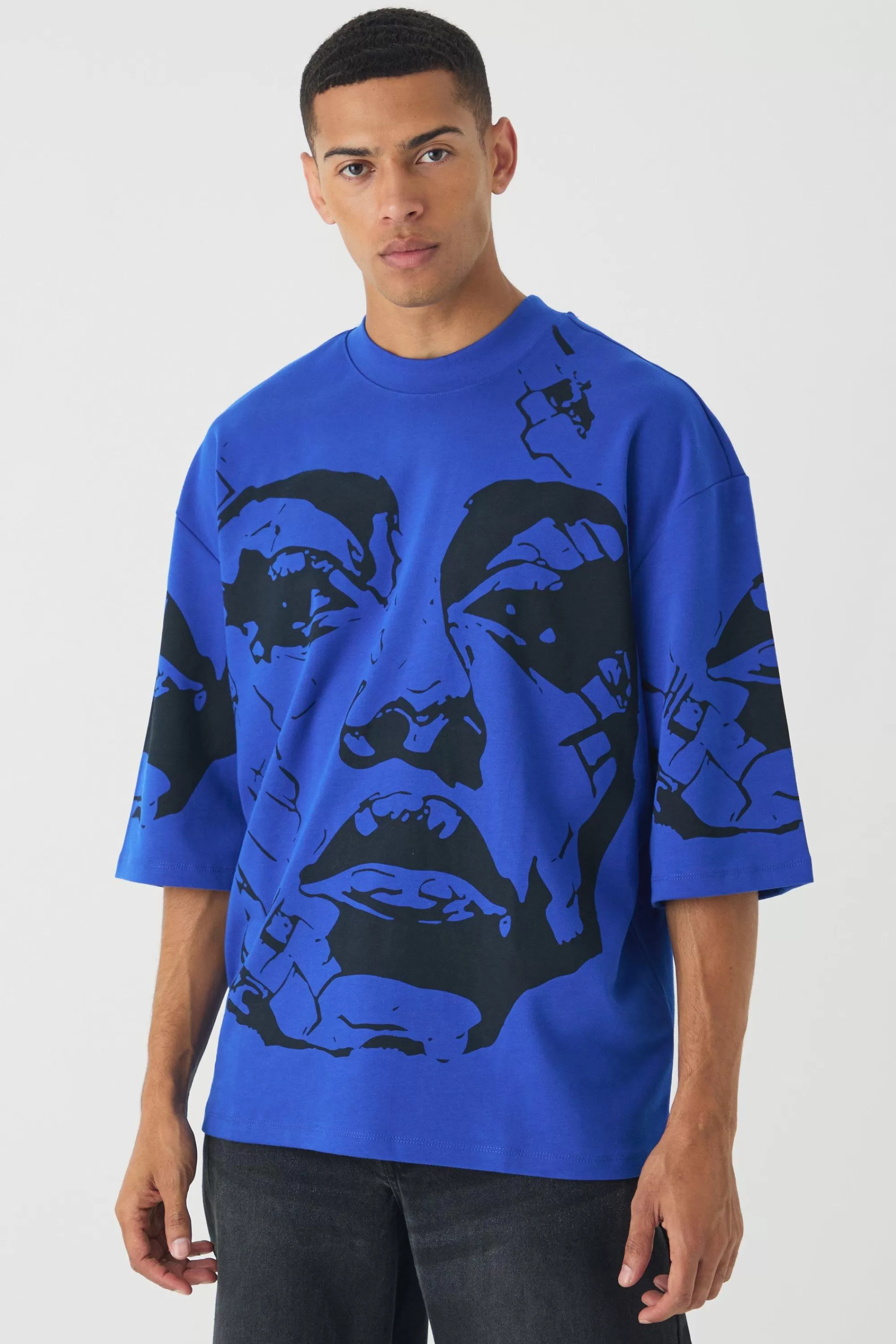 boohooMAN Oversized Extended Neck Heavyweight Interlock Face Print T-shirt | UK cobalt Best