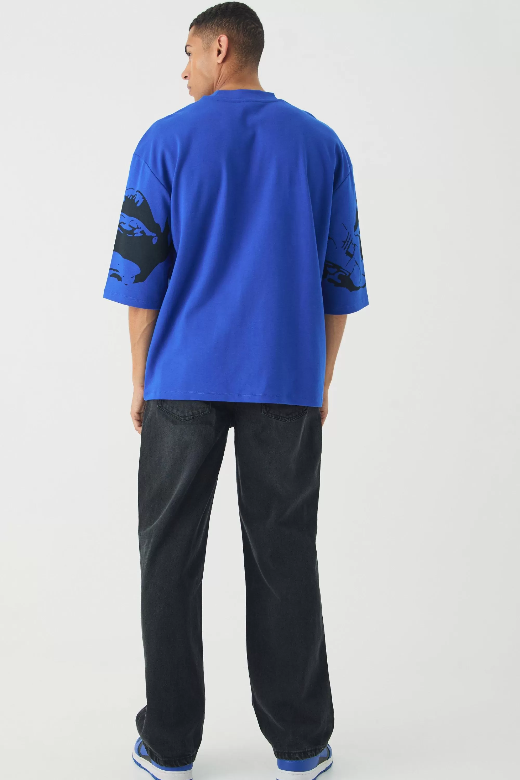 boohooMAN Oversized Extended Neck Heavyweight Interlock Face Print T-shirt | UK cobalt Best