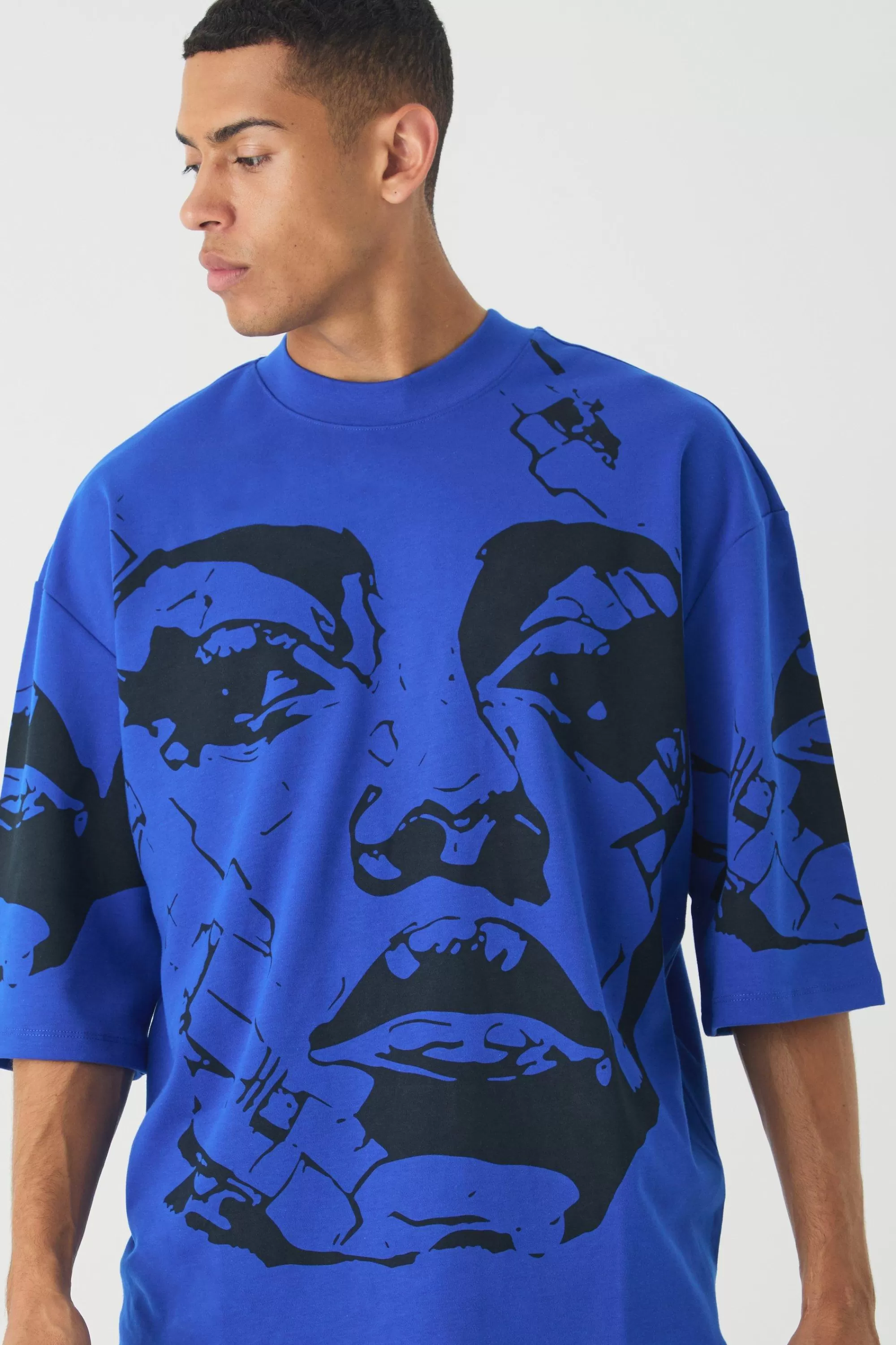 boohooMAN Oversized Extended Neck Heavyweight Interlock Face Print T-shirt | UK cobalt Best