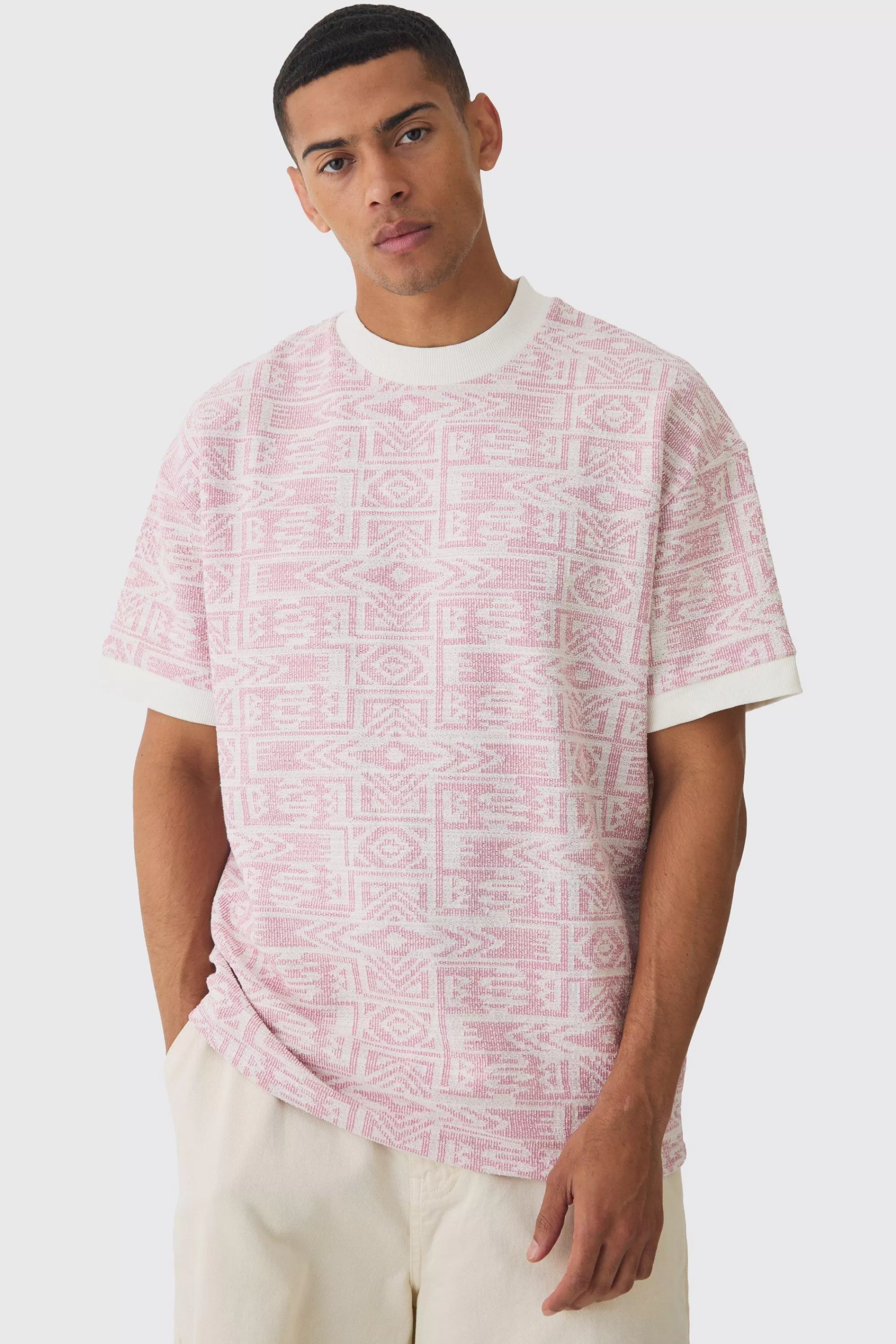 boohooMAN Oversized Extended Neck Jacquard Aztec Contrast Hems T-shirt | UK light pink Cheap