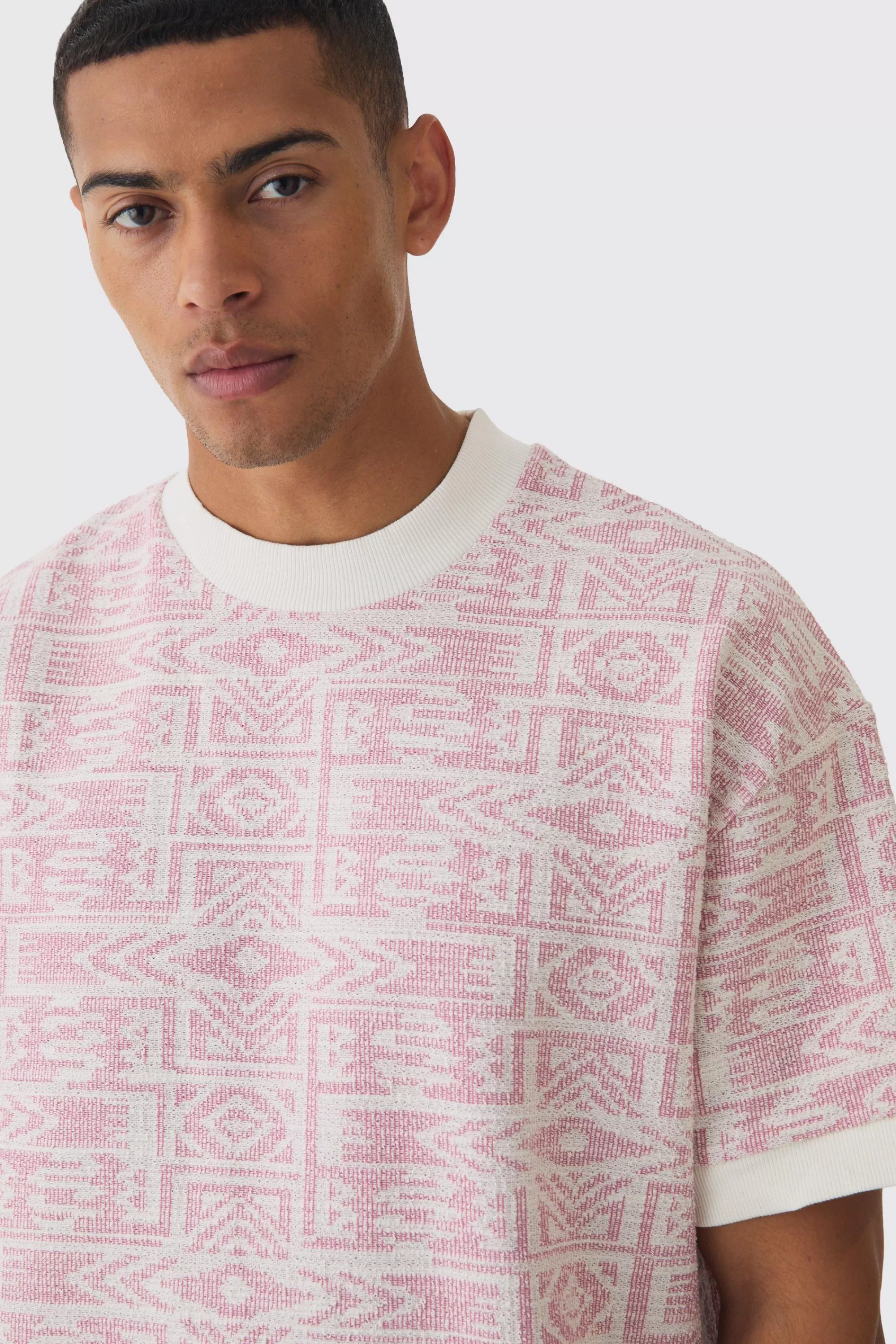 boohooMAN Oversized Extended Neck Jacquard Aztec Contrast Hems T-shirt | UK light pink Cheap