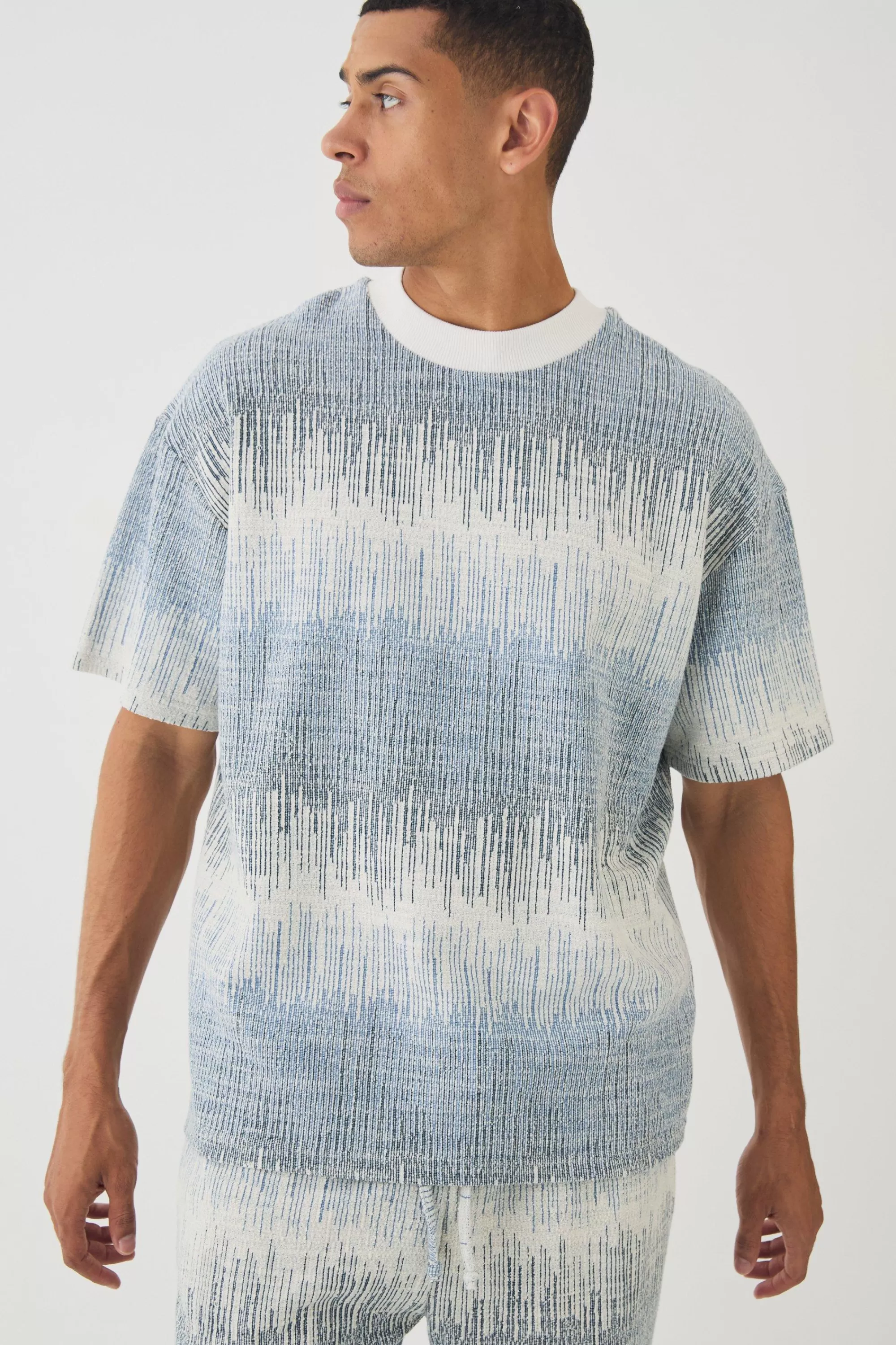 boohooMAN Oversized Extended Neck Jacquard T-shirt | UK light blue Shop