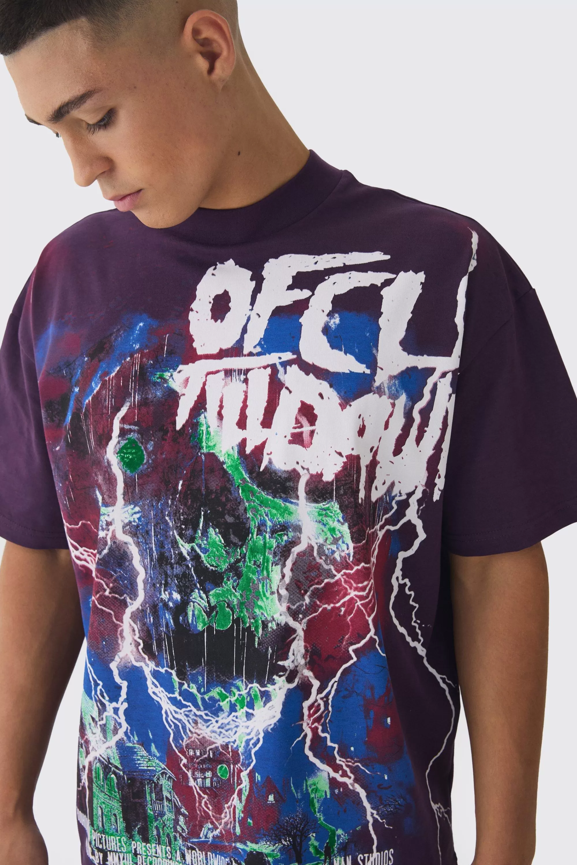 boohooMAN Oversized Extended Neck Large Scale Till Dawn Print T-Shirt | UK purple Online