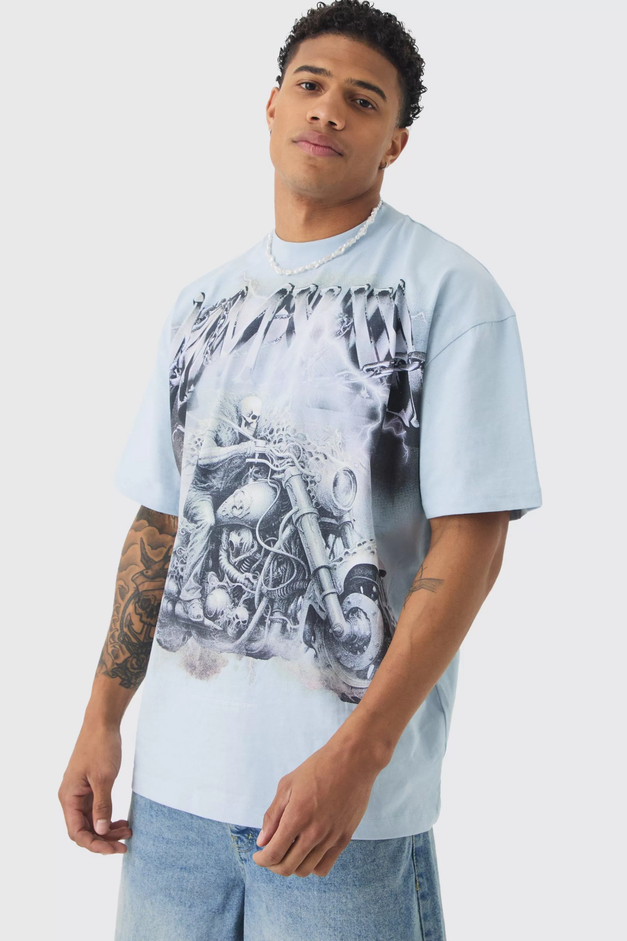 boohooMAN Oversized Extended Neck Lightening Graphic T-shirt | UK light blue Flash Sale