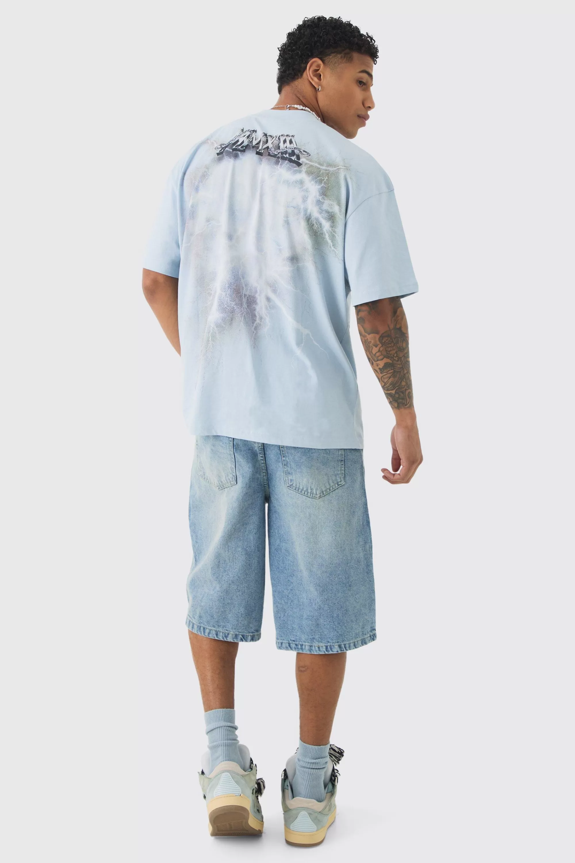 boohooMAN Oversized Extended Neck Lightening Graphic T-shirt | UK light blue Flash Sale