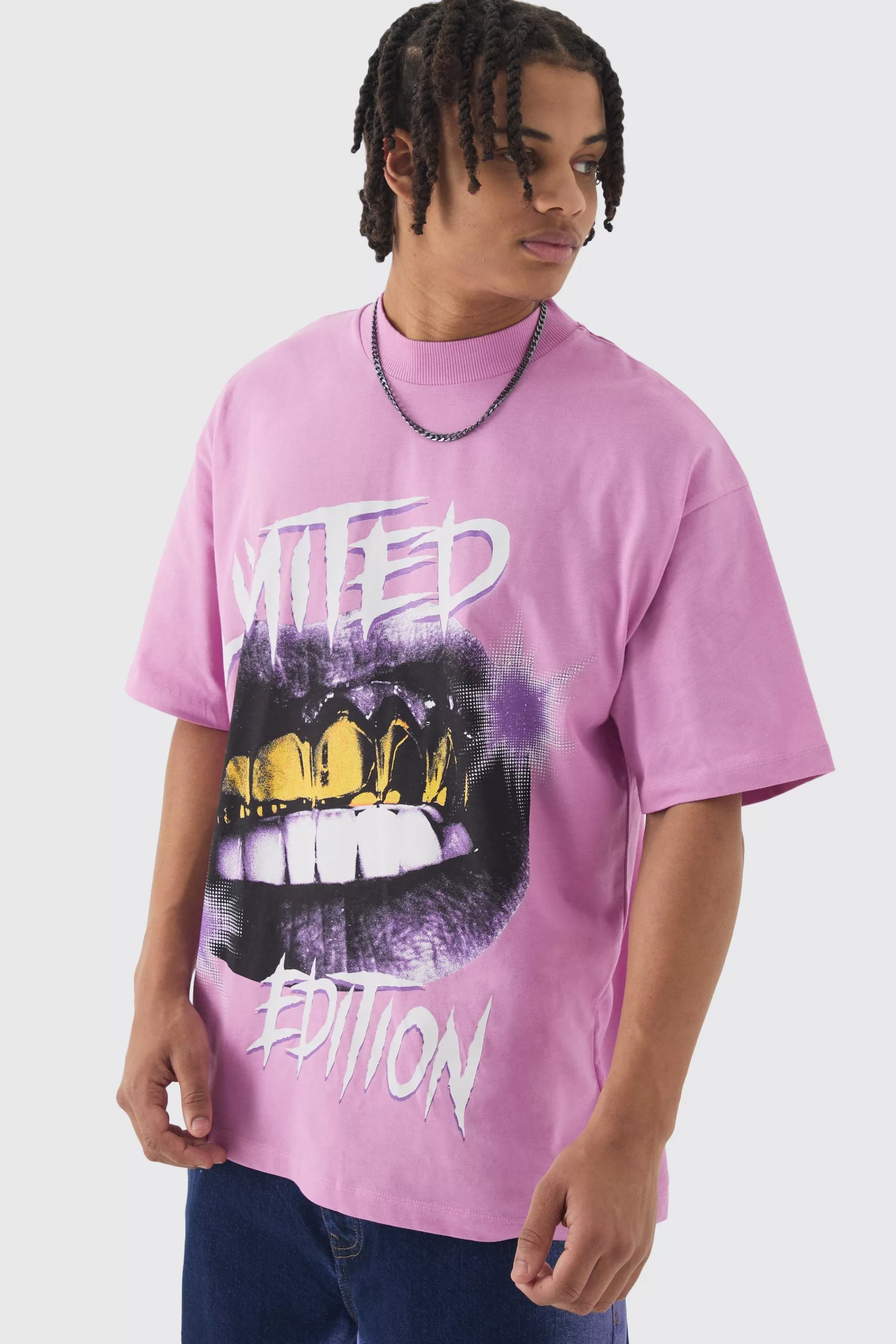 boohooMAN Oversized Extended Neck Limited Edition Graphic T-shirt | UK light pink Flash Sale