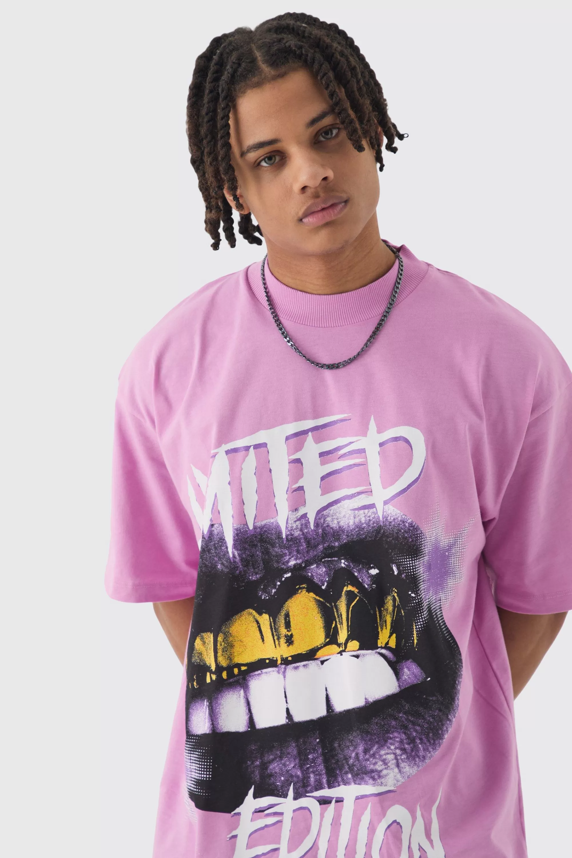 boohooMAN Oversized Extended Neck Limited Edition Graphic T-shirt | UK light pink Flash Sale