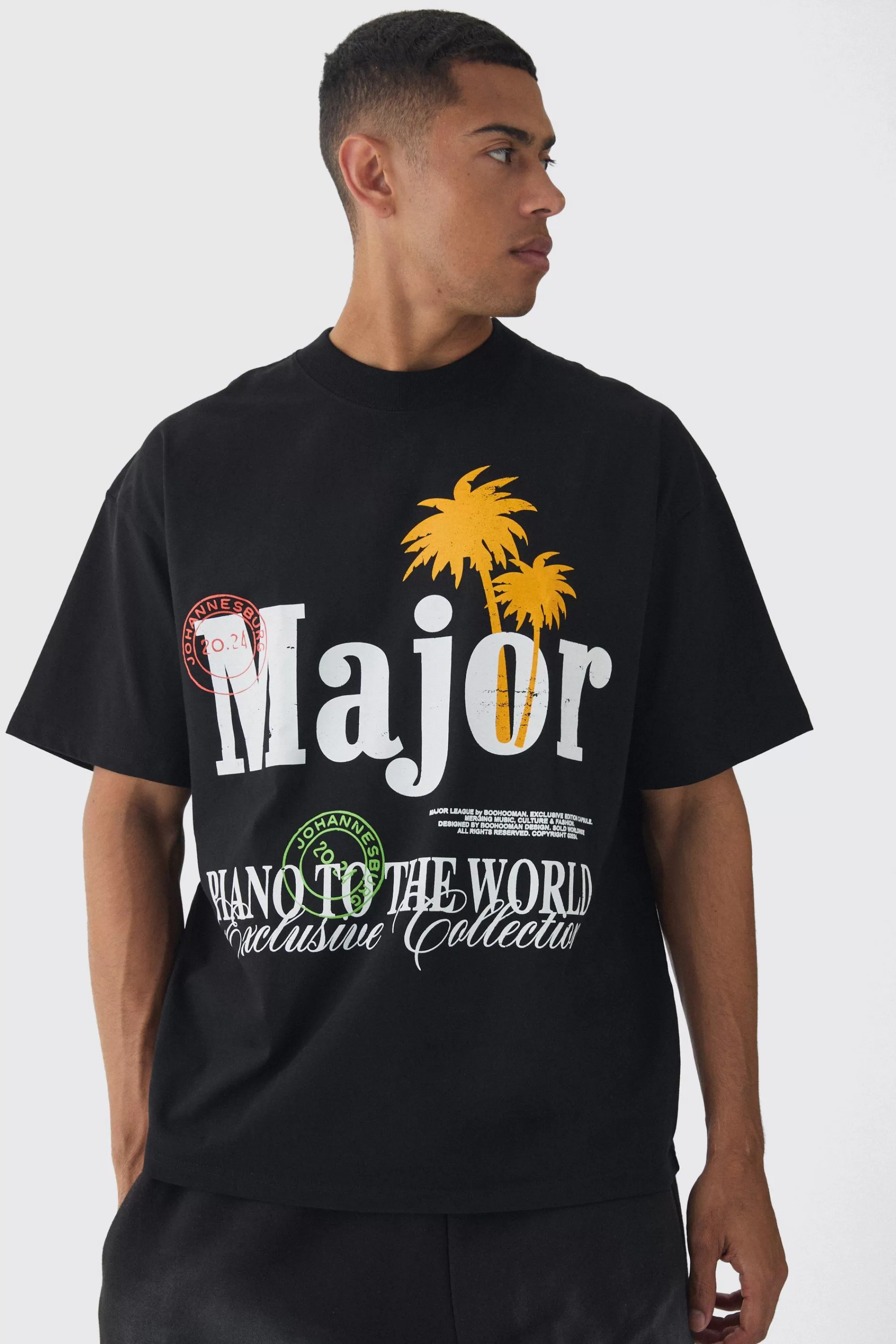 boohooMAN Oversized Extended Neck Major Printed T-Shirt | UK true black Best