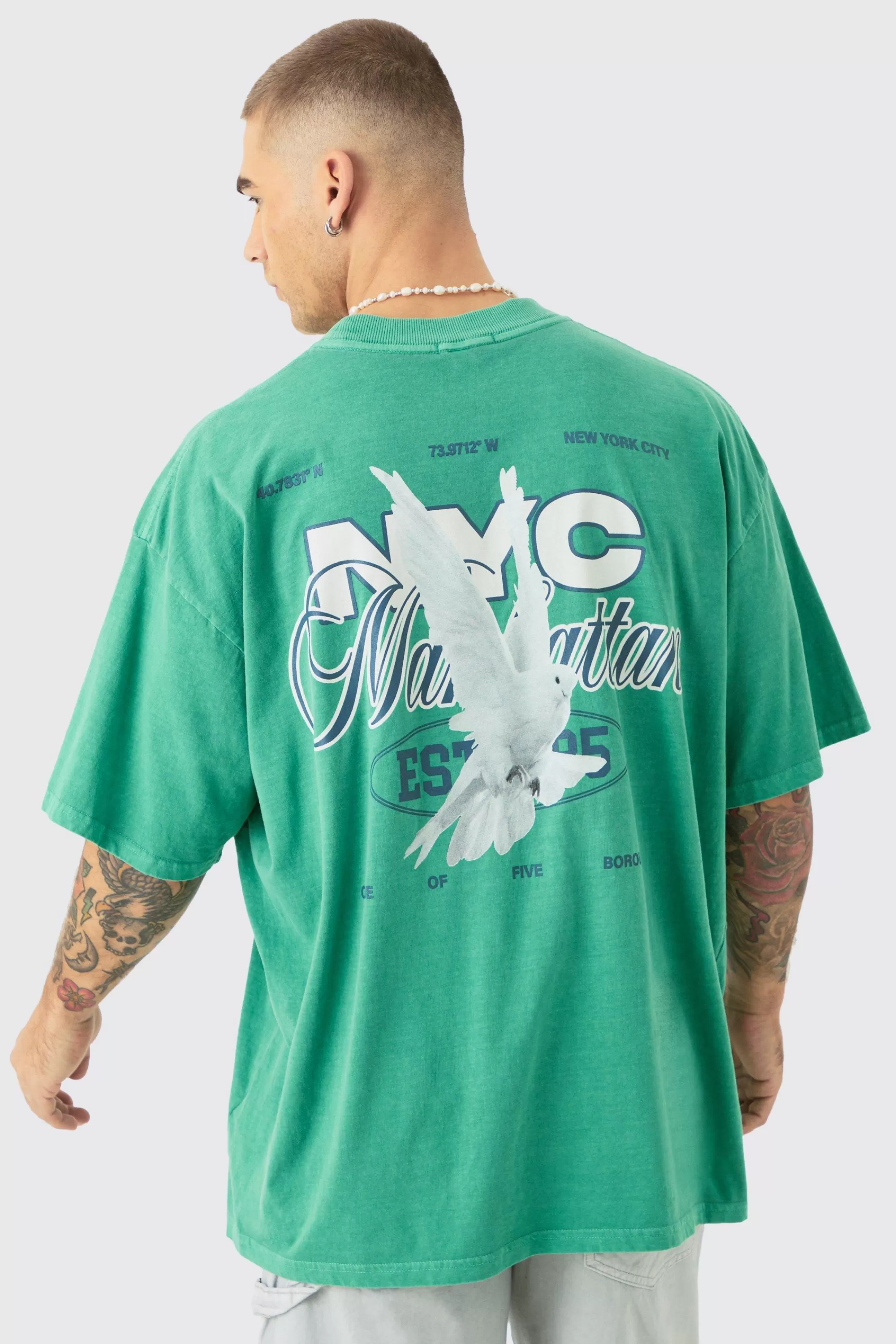 boohooMAN Oversized Extended Neck NYC Dove Back Print T-shirt | UK dark green Flash Sale