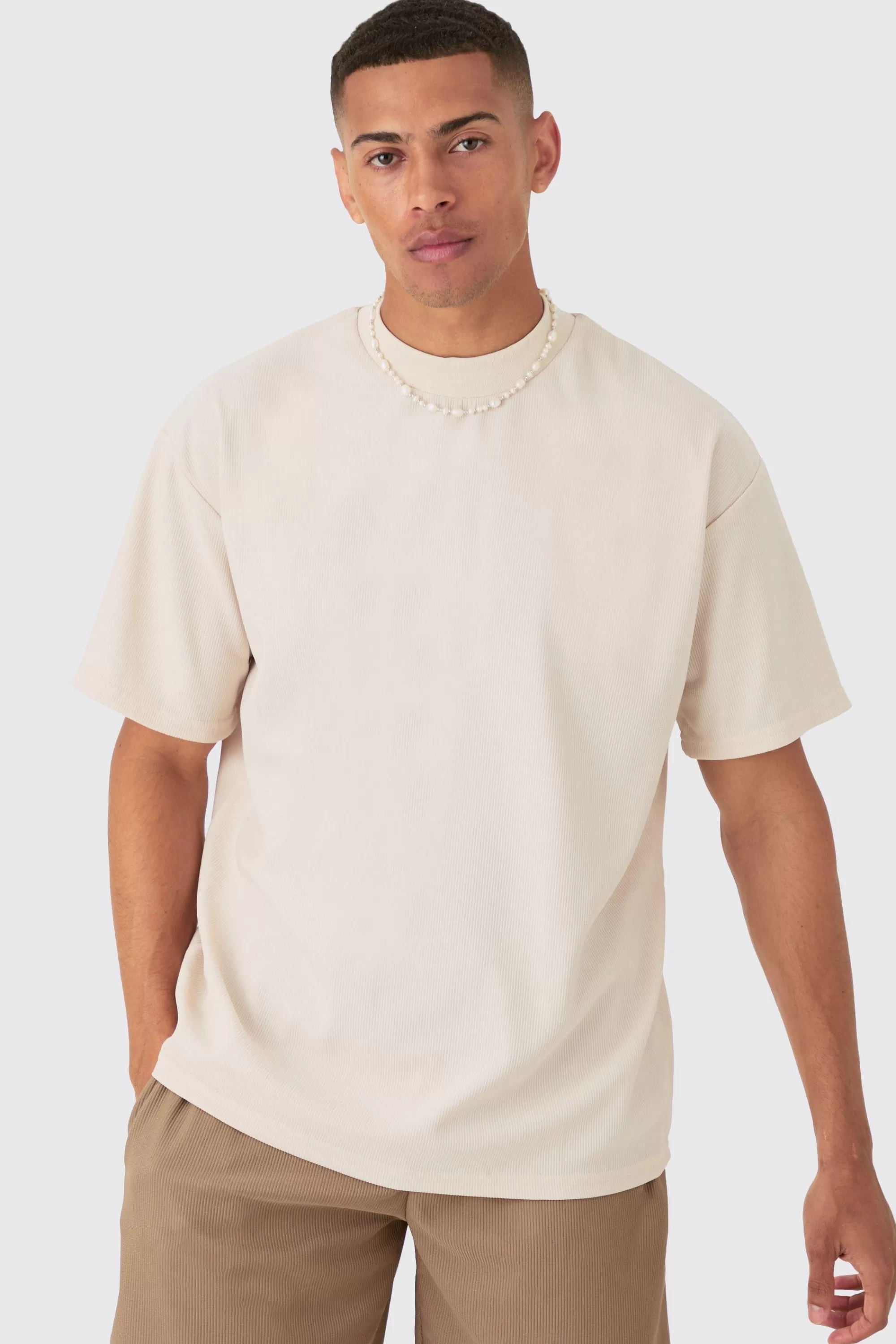 boohooMAN Oversized Extended Neck Ottoman Rib T-shirt | UK peach Store