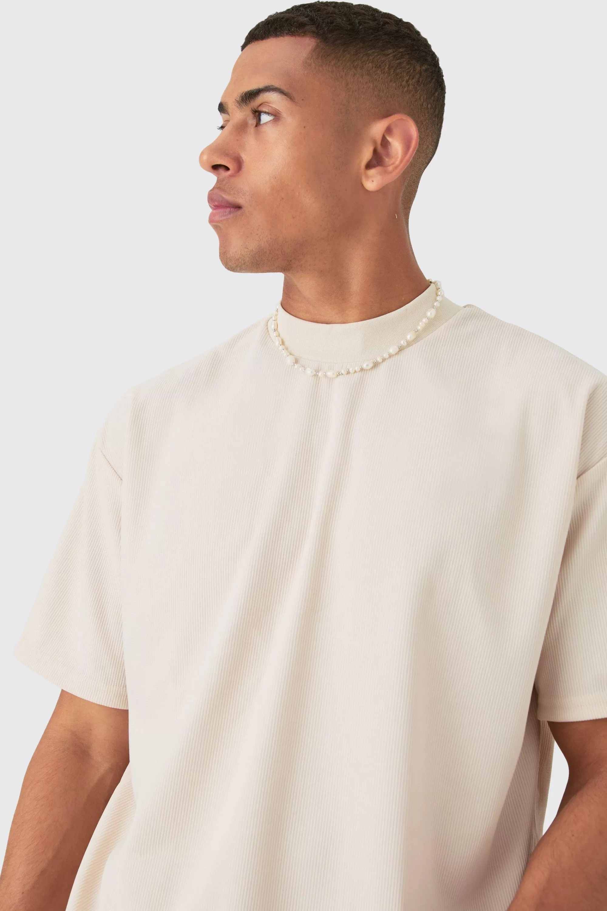 boohooMAN Oversized Extended Neck Ottoman Rib T-shirt | UK peach Store