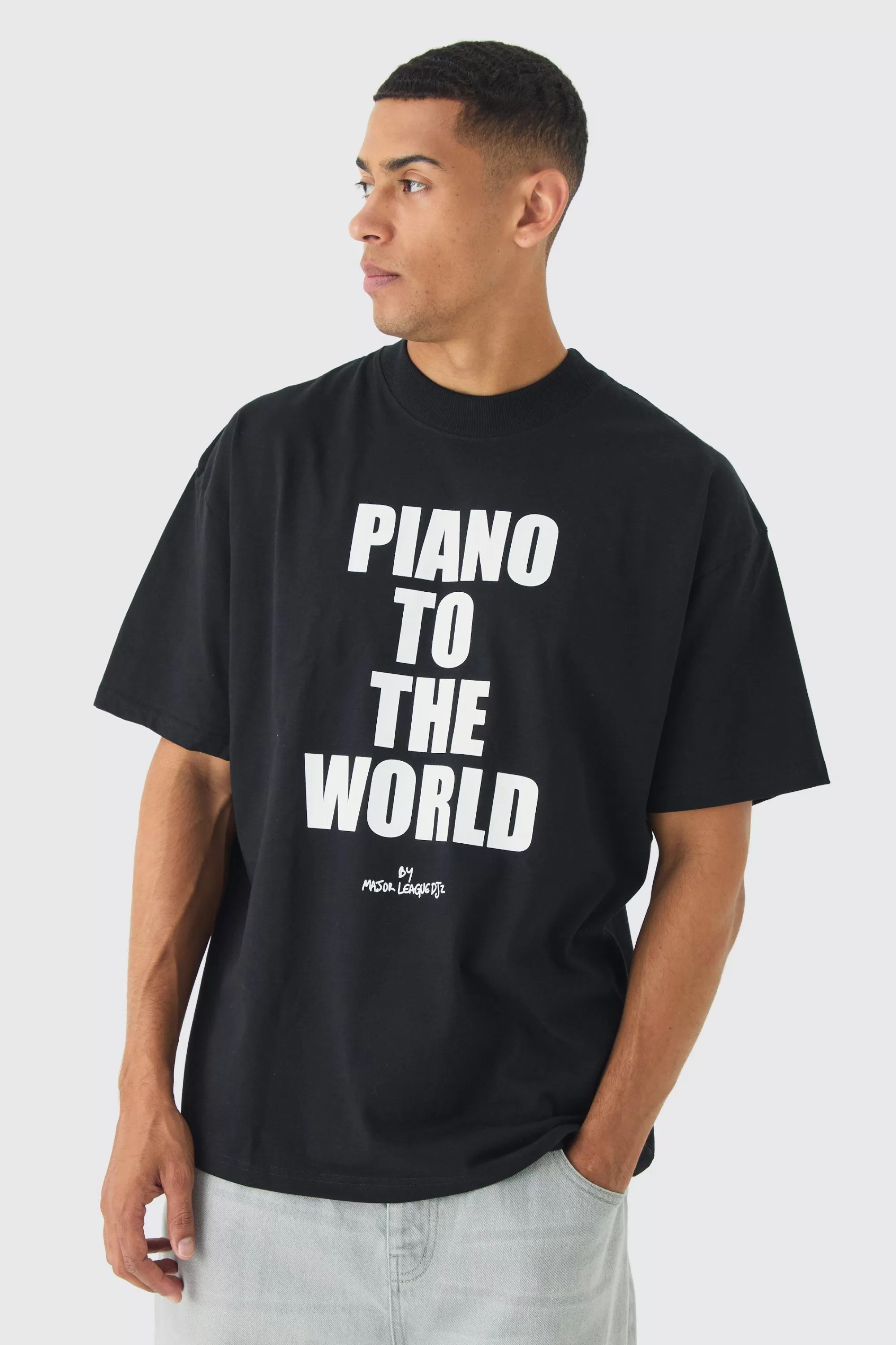 boohooMAN Oversized Extended Neck Piano To The World T-Shirt | UK true black Shop