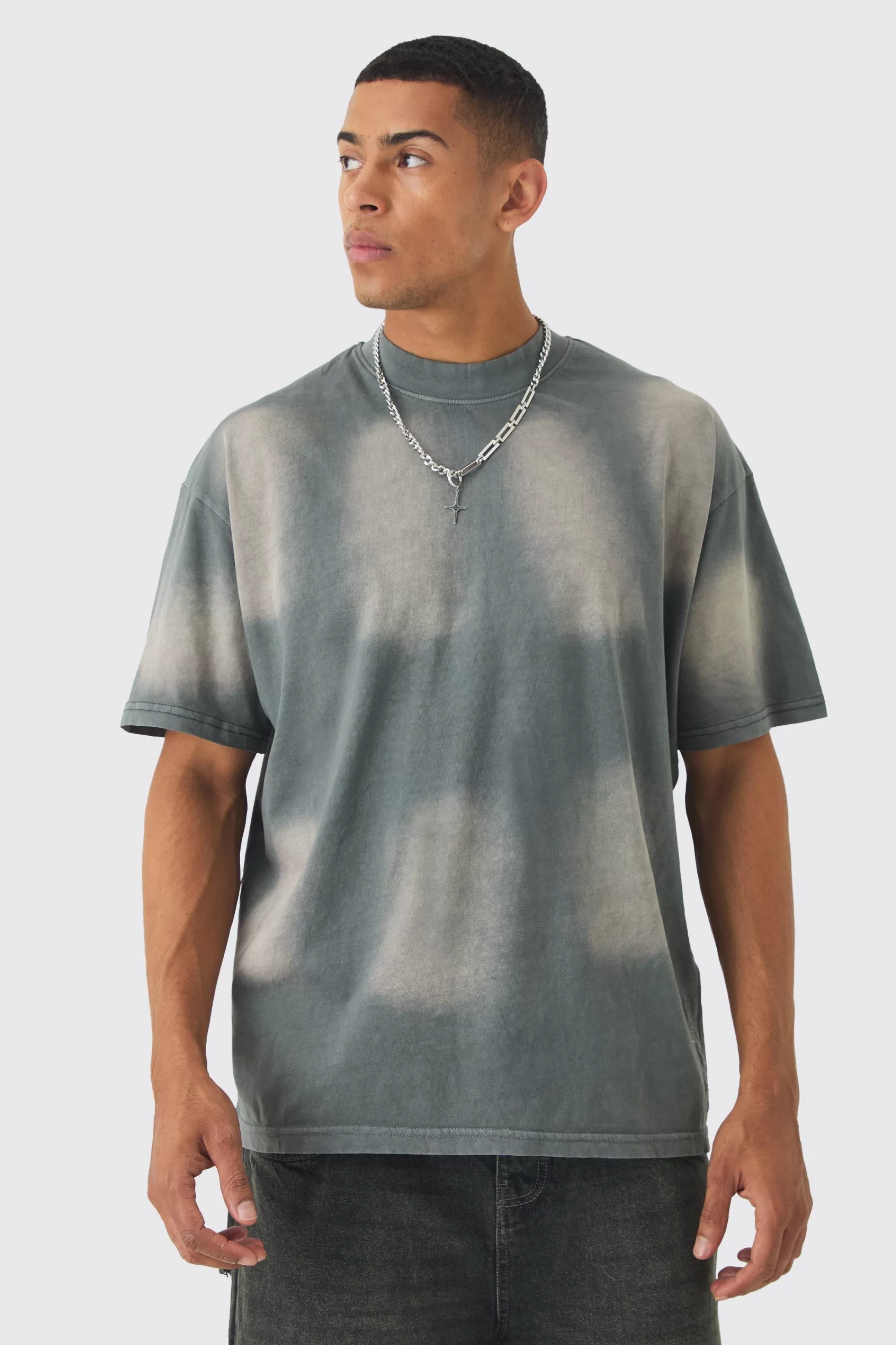 boohooMAN Oversized Extended Neck Sun Bleach T-shirt | UK grey Clearance