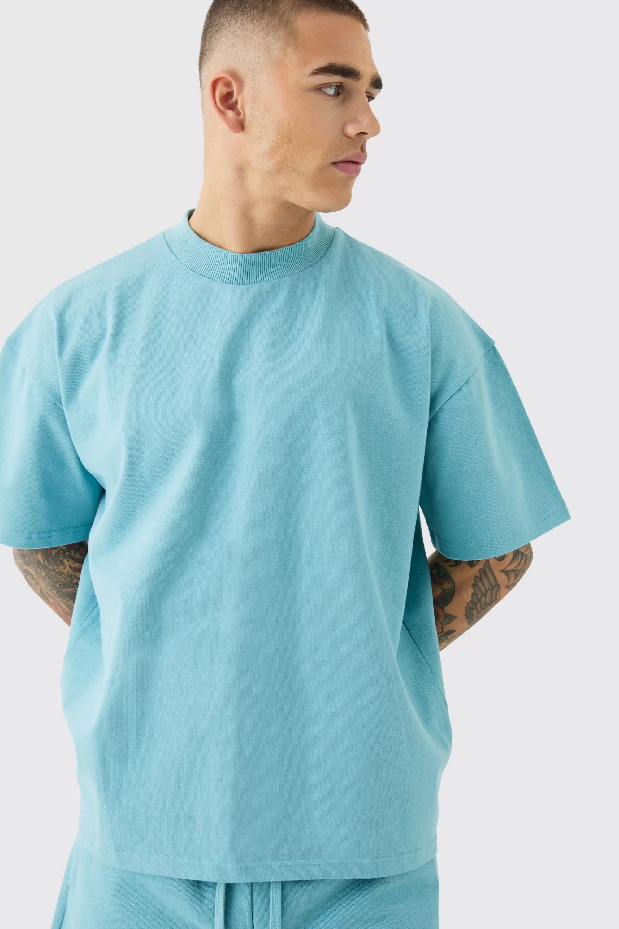 boohooMAN Oversized Extended Neck Super Heavyweight T-shirt | UK dusty blue Shop