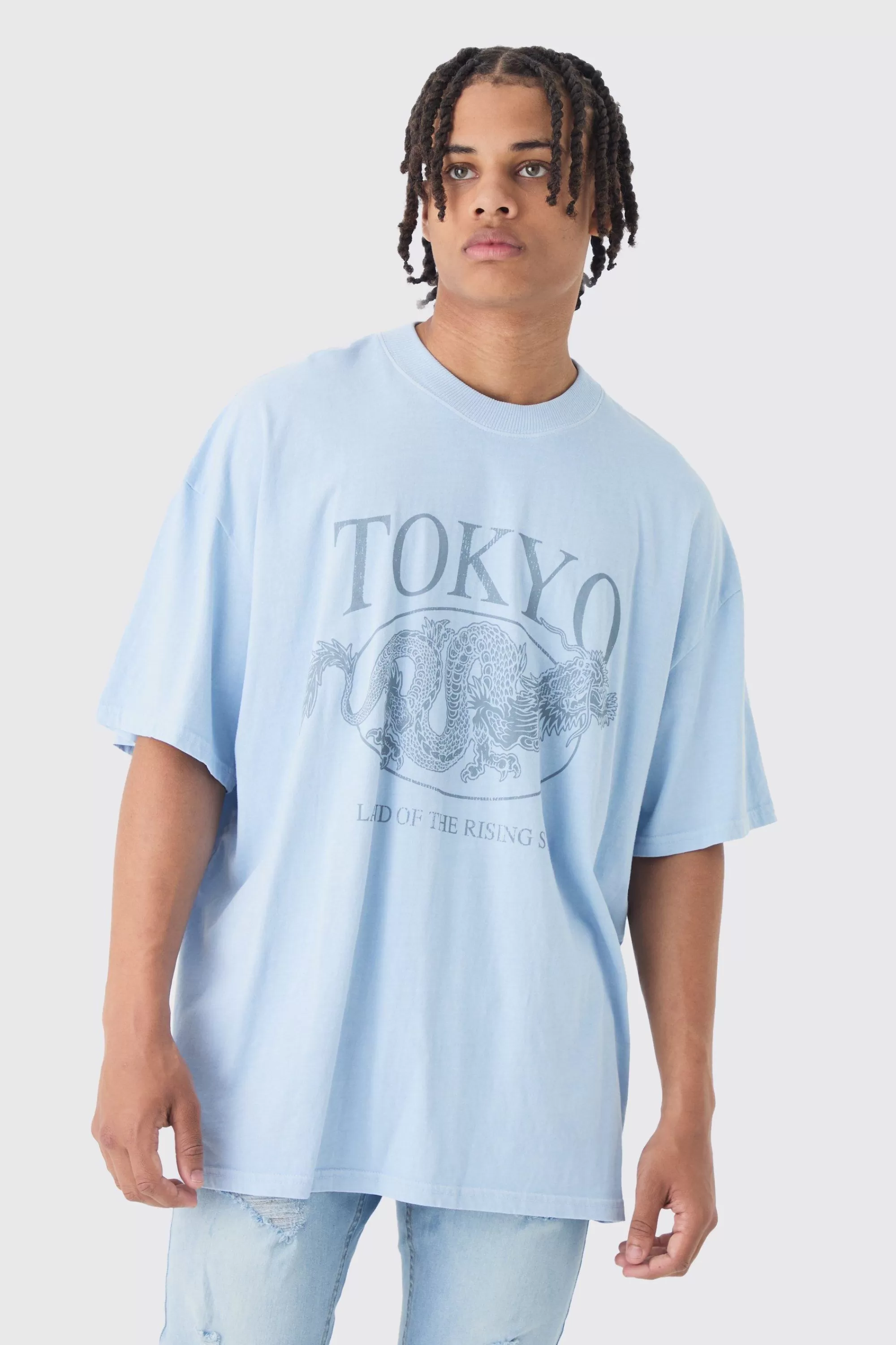 boohooMAN Oversized Extended Neck Tokyo T-shirt | UK light blue Hot