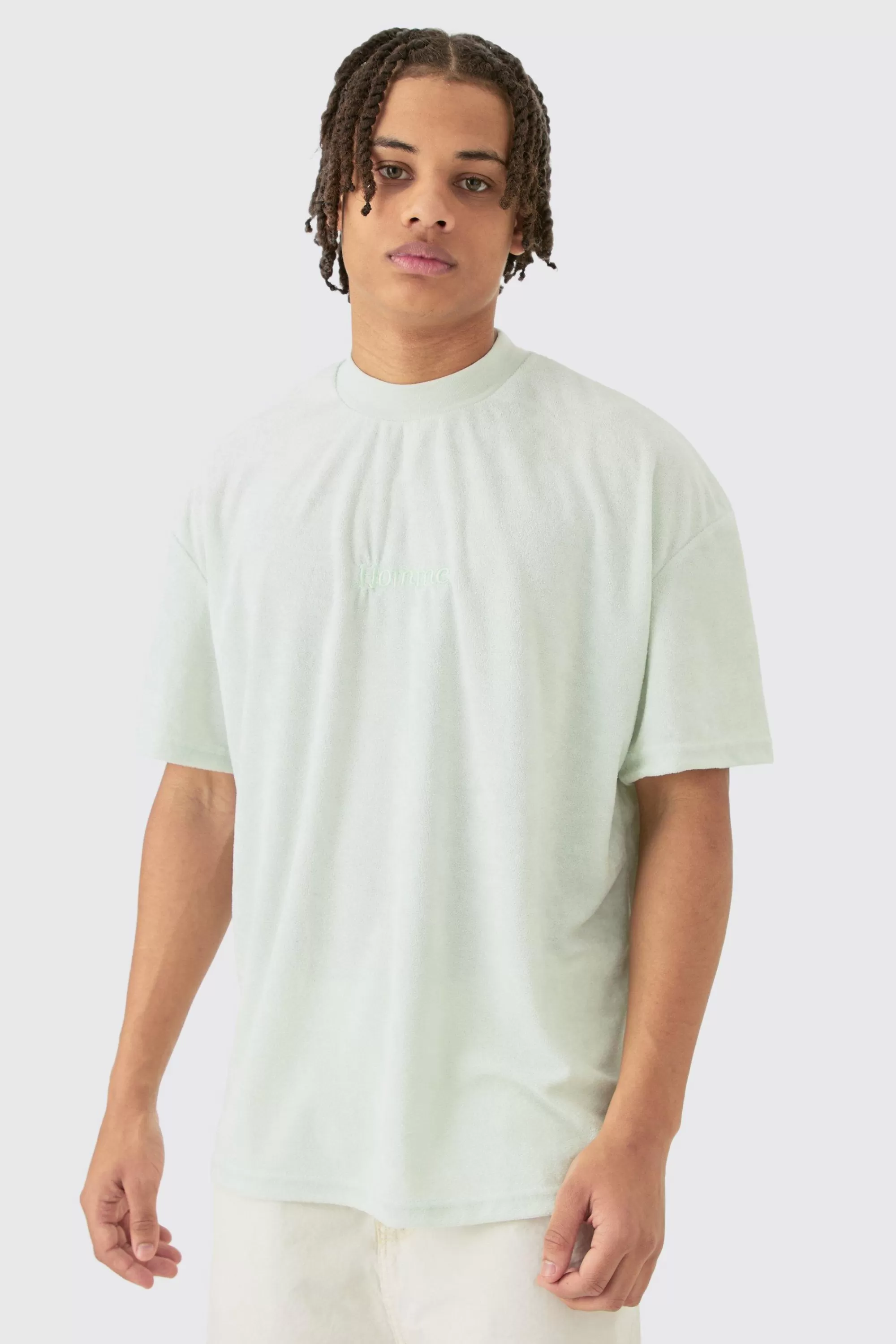 boohooMAN Oversized Extended Neck Towelling Homme T-shirt | UK pale green Discount