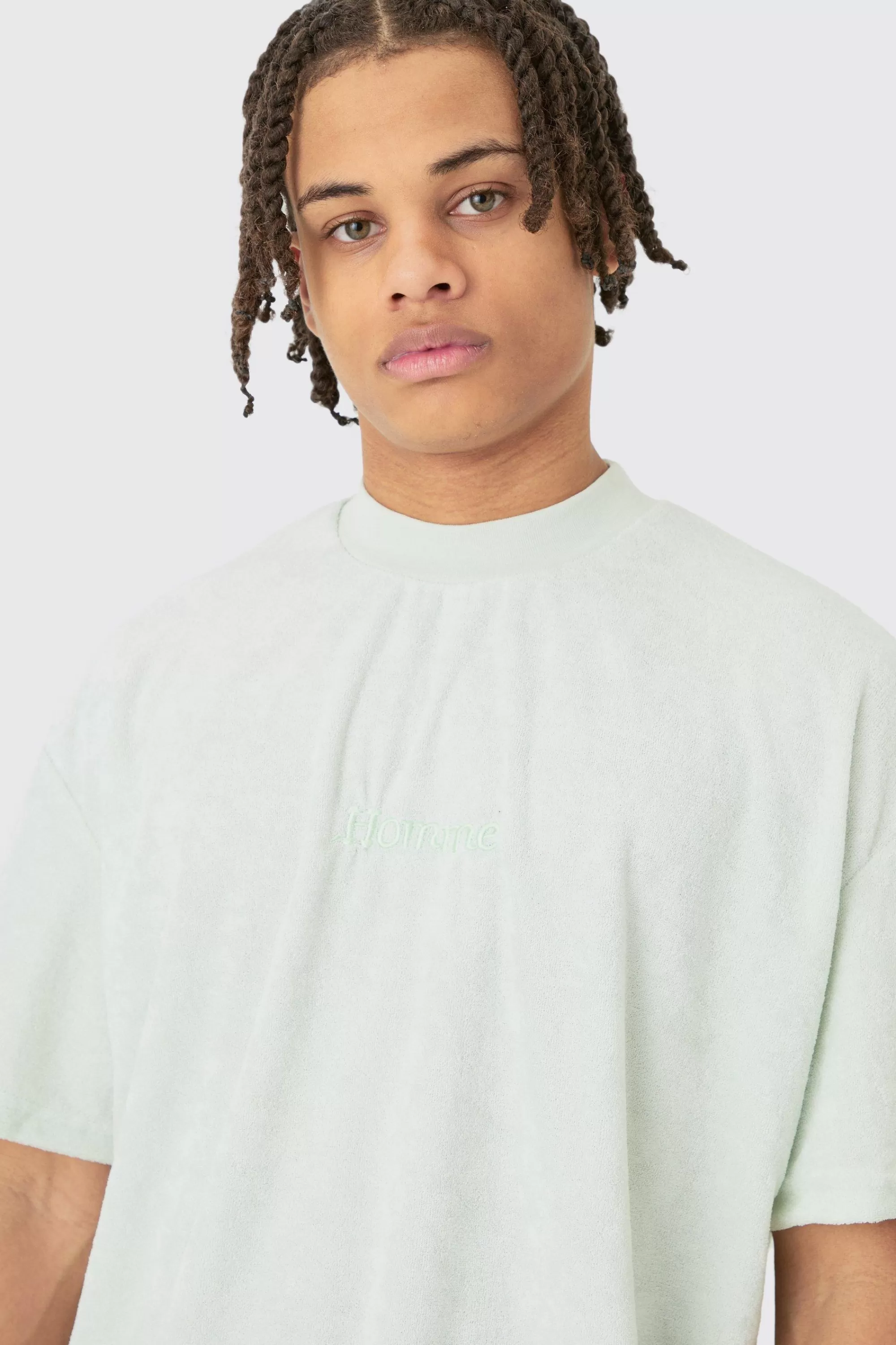 boohooMAN Oversized Extended Neck Towelling Homme T-shirt | UK pale green Discount