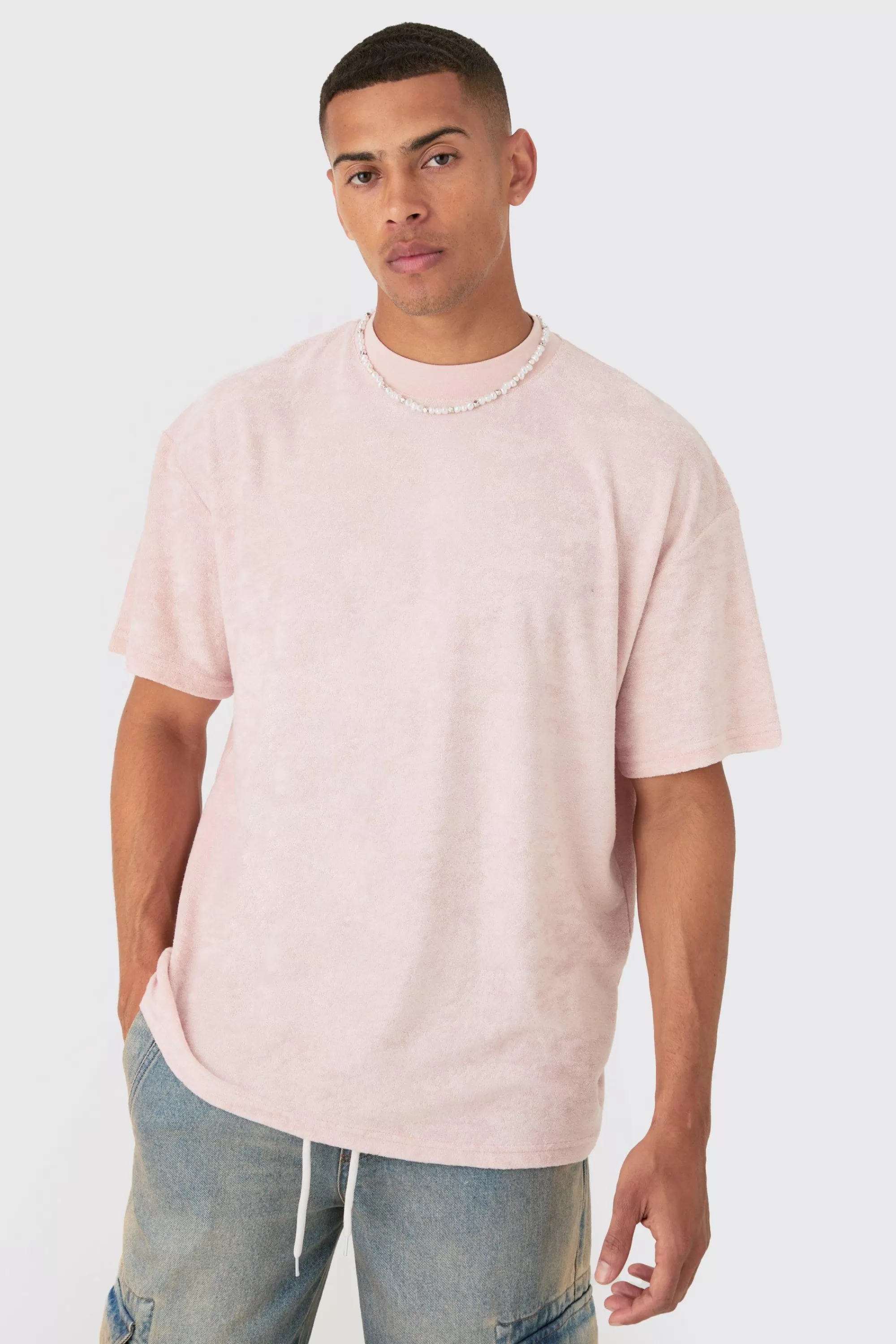 boohooMAN Oversized Extended Neck Towelling T-shirt | UK light pink Clearance