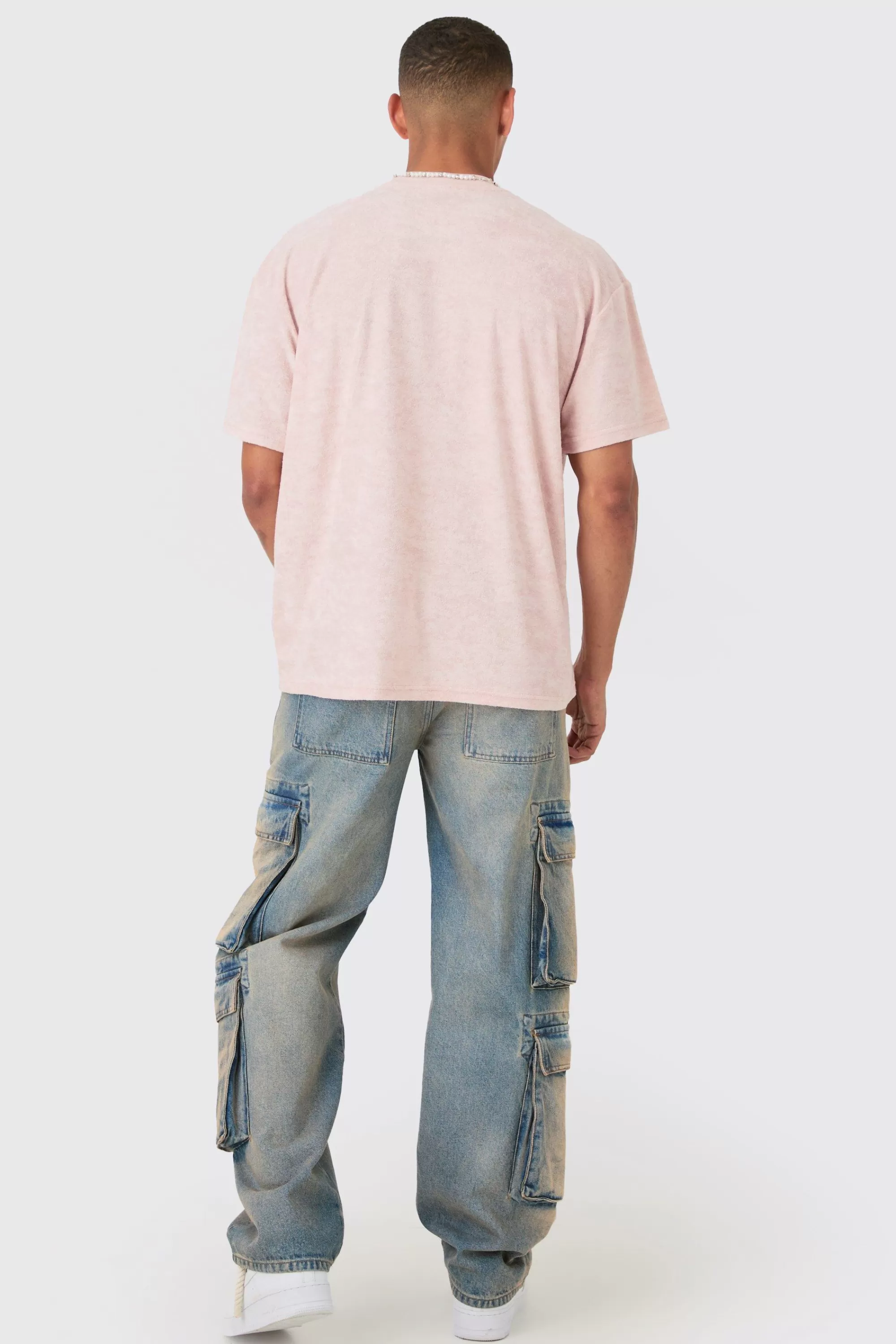 boohooMAN Oversized Extended Neck Towelling T-shirt | UK light pink Clearance