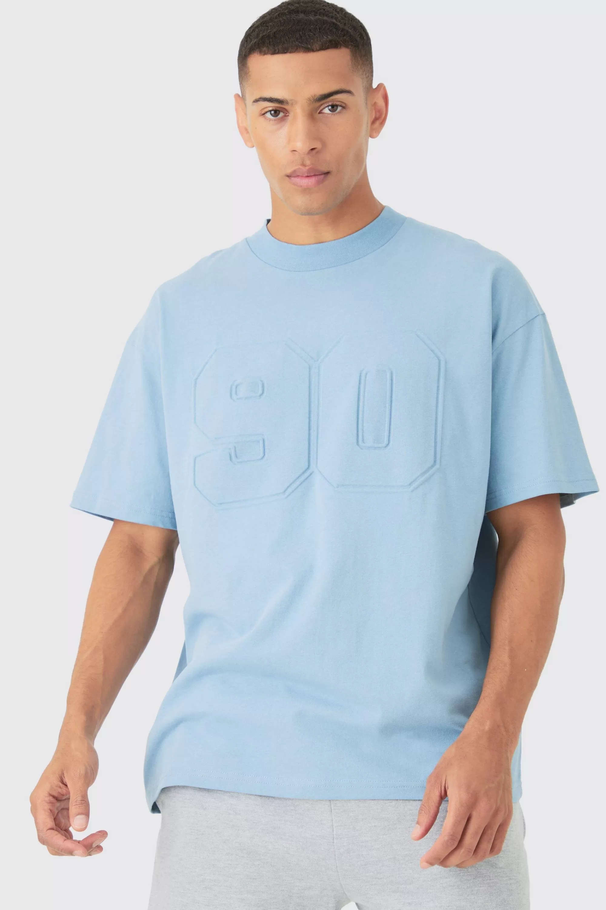 boohooMAN Oversized Extended Neck Varsity Embossed T-shirt | UK denim-blue New