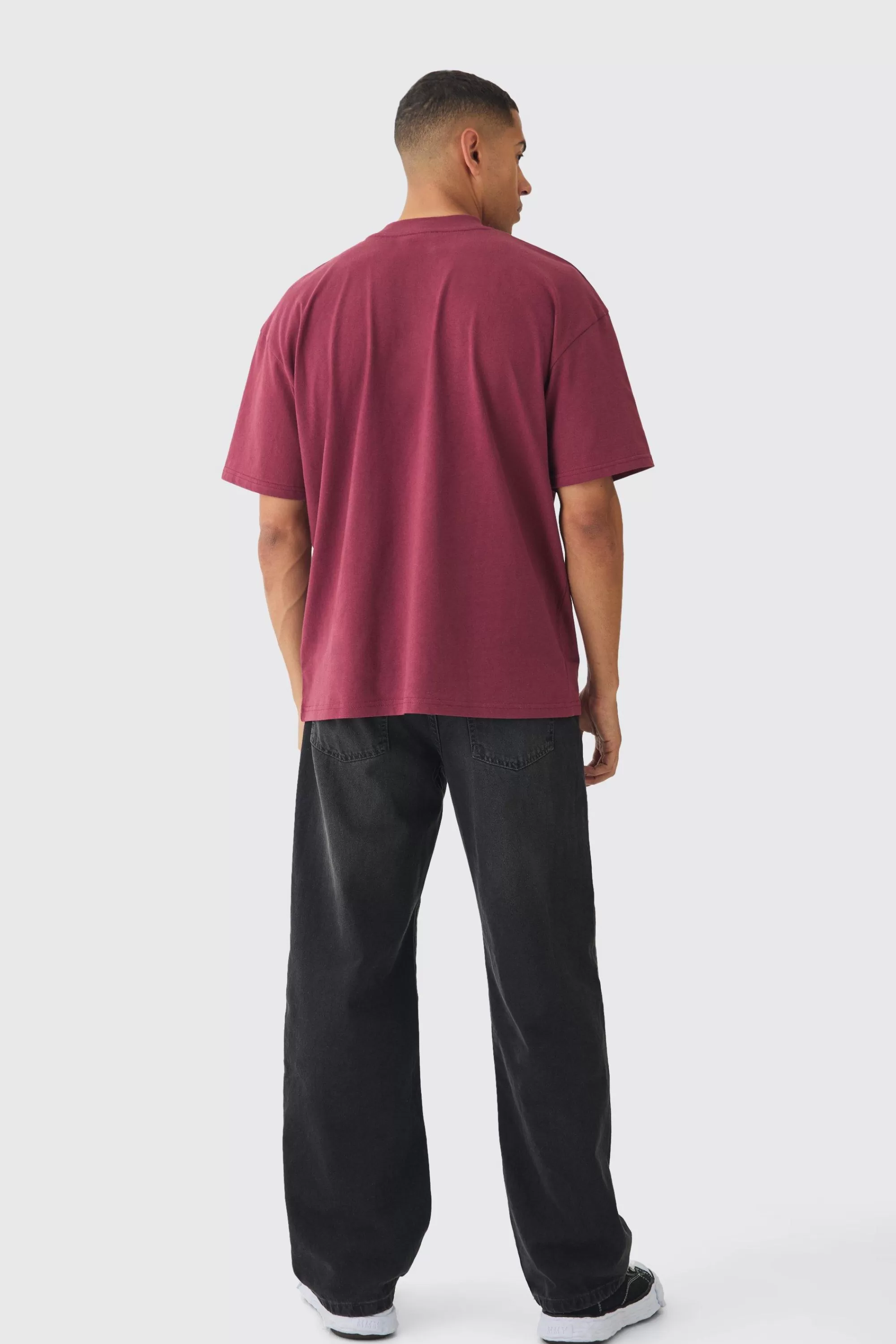 boohooMAN Oversized Extended Neck Varsity Embossed T-Shirt | UK burgundy Shop